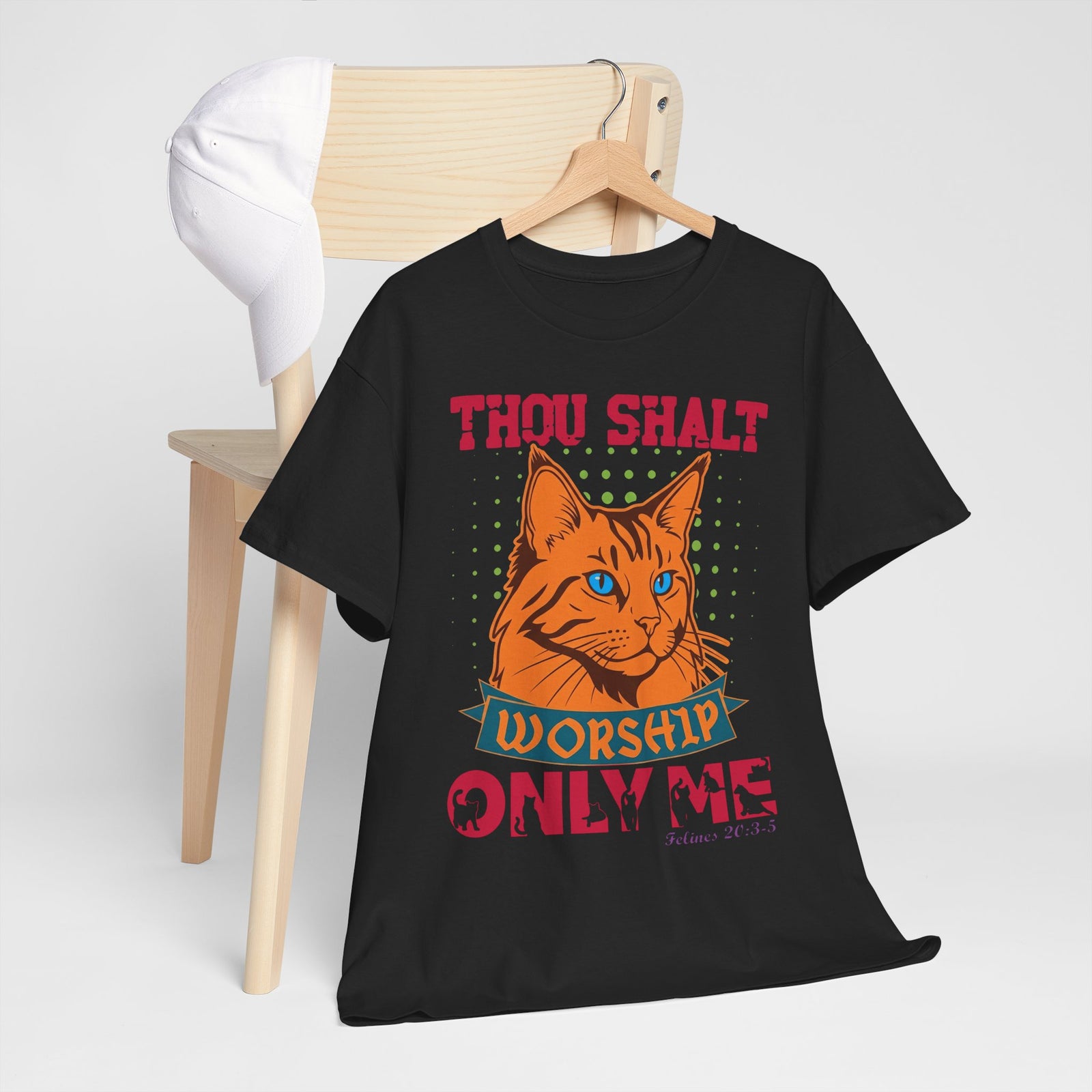 Cat Worship T-Shirt — "Thou Shalt Worship Only Me" Retro Orange Cat Tee