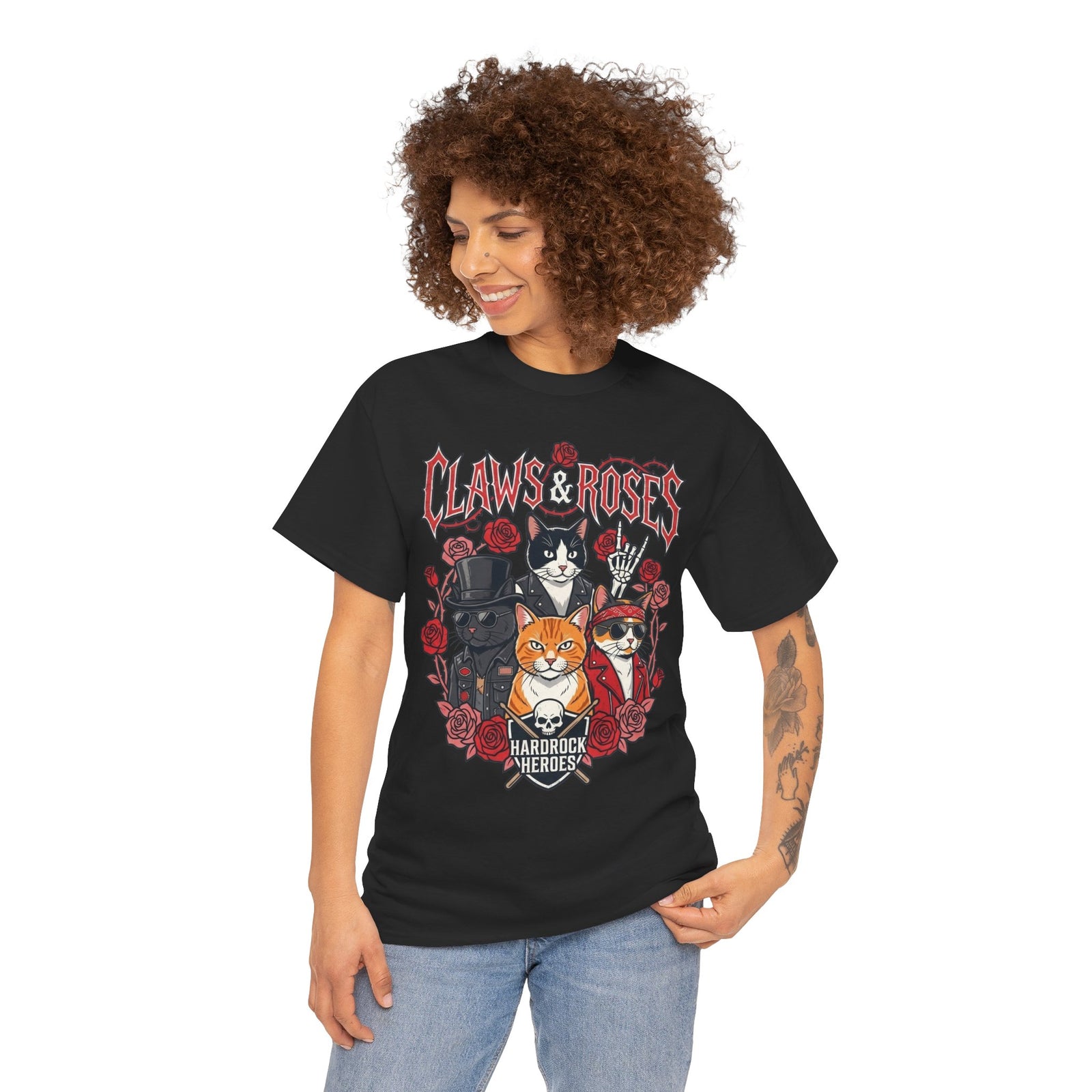 Claws & Roses Cat Band Tee - Rock 'N' Roll Feline Graphic T-Shirt