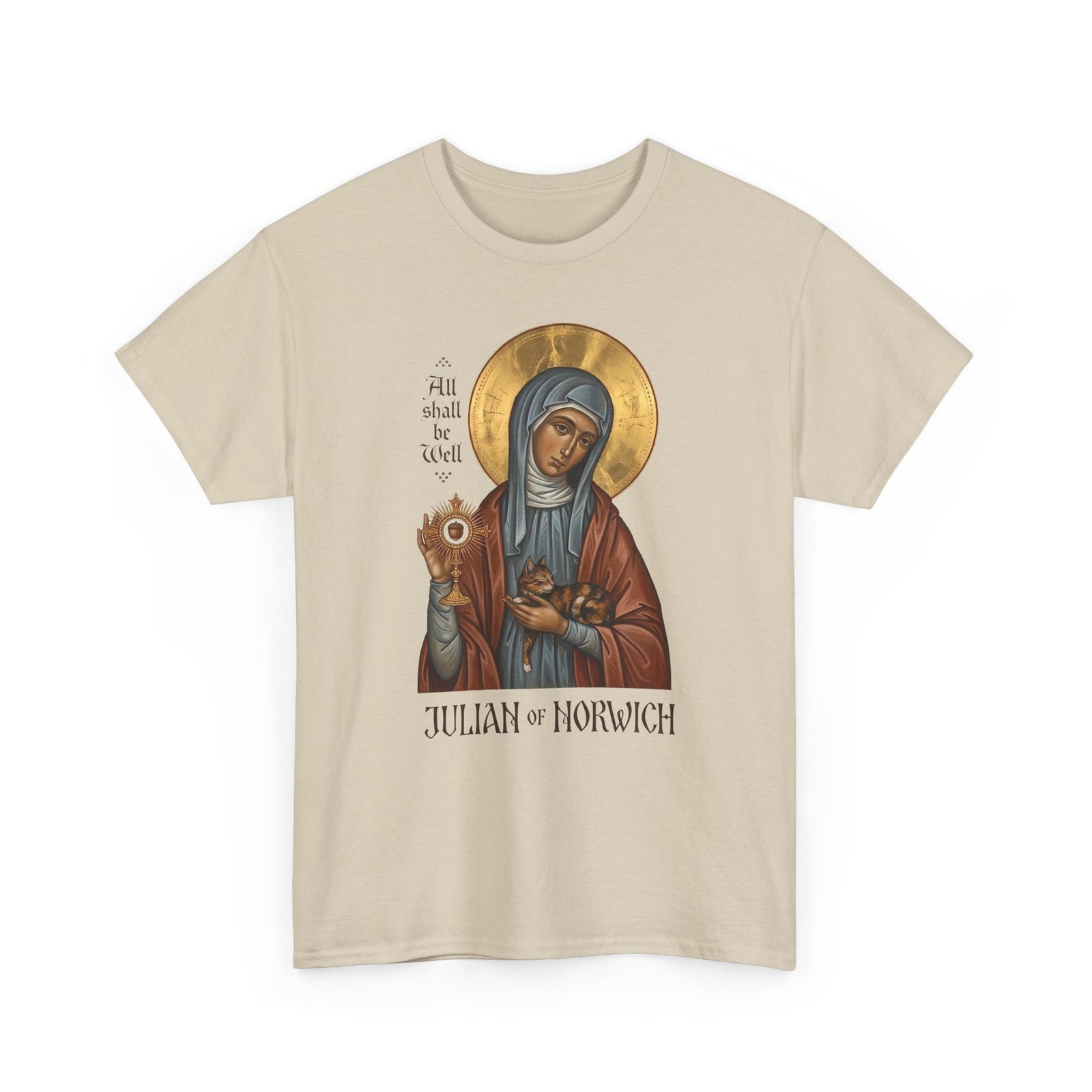 Julian of Norwich & Cat T-Shirt — Spiritual Saint Tee for Cat Lovers