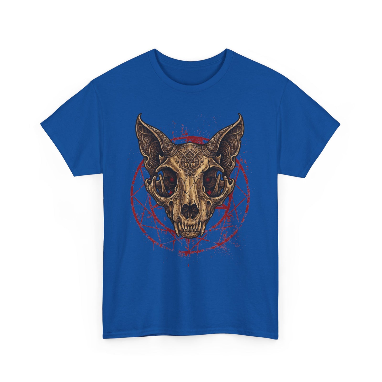 Gothic Ornate Cat Skull Red Pentagram Shirt — Dark Occult Feline T-Shirt