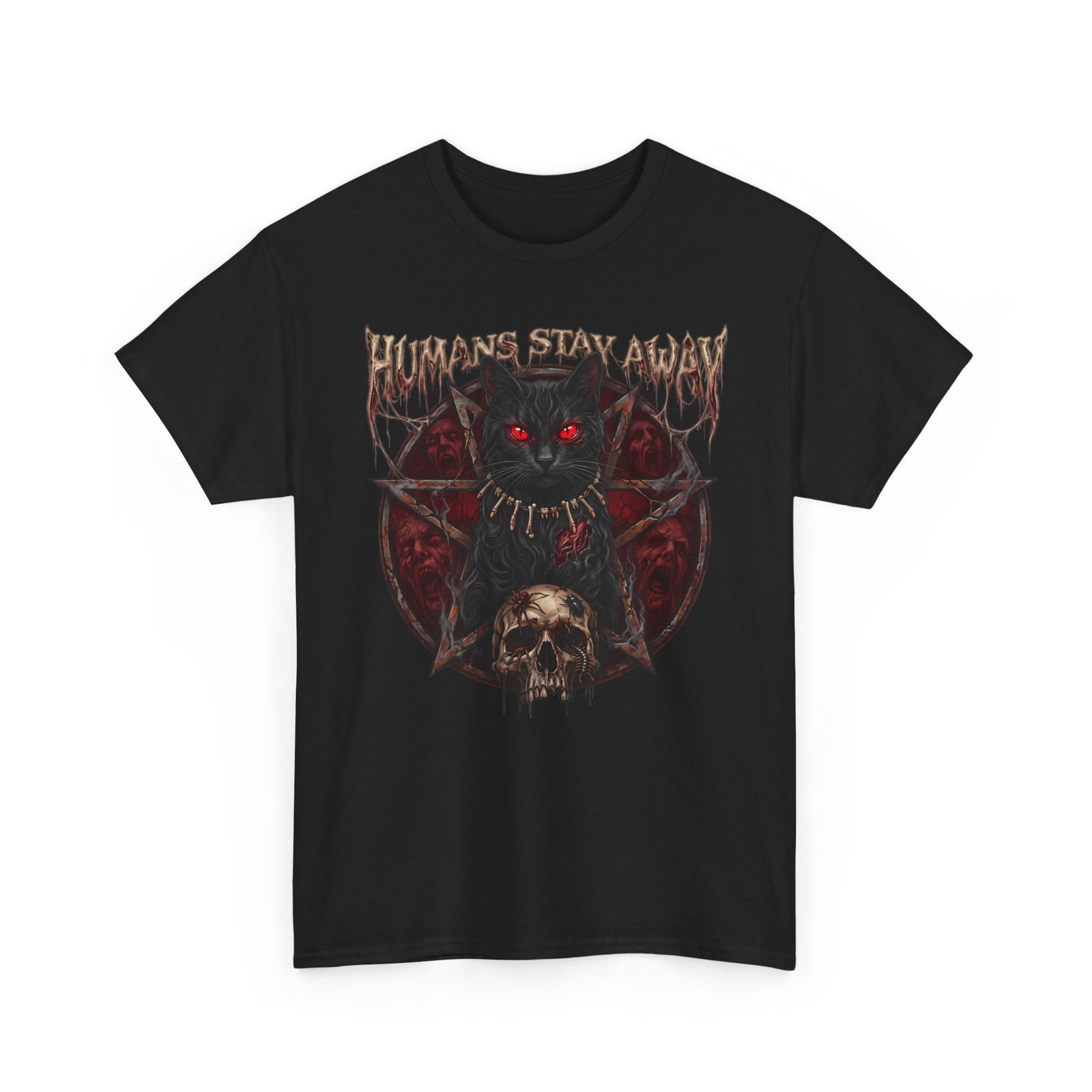 Humans Stay Away Occult Black Cat Shirt — Heavy Metal Pentagram T-Shirt