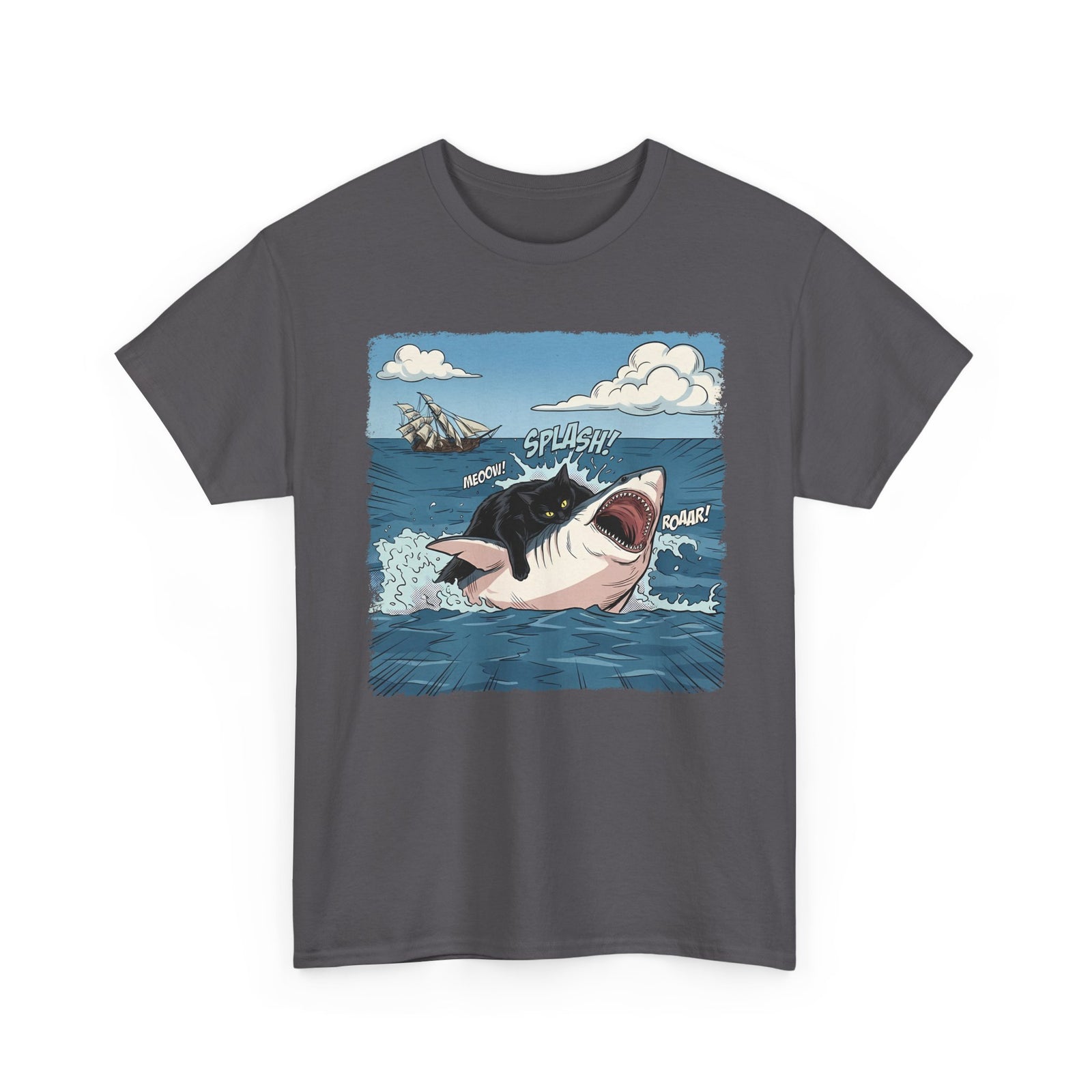 Black Cat Vs White Shark T-Shirt — Funny Comic Book Ocean Battle Tee