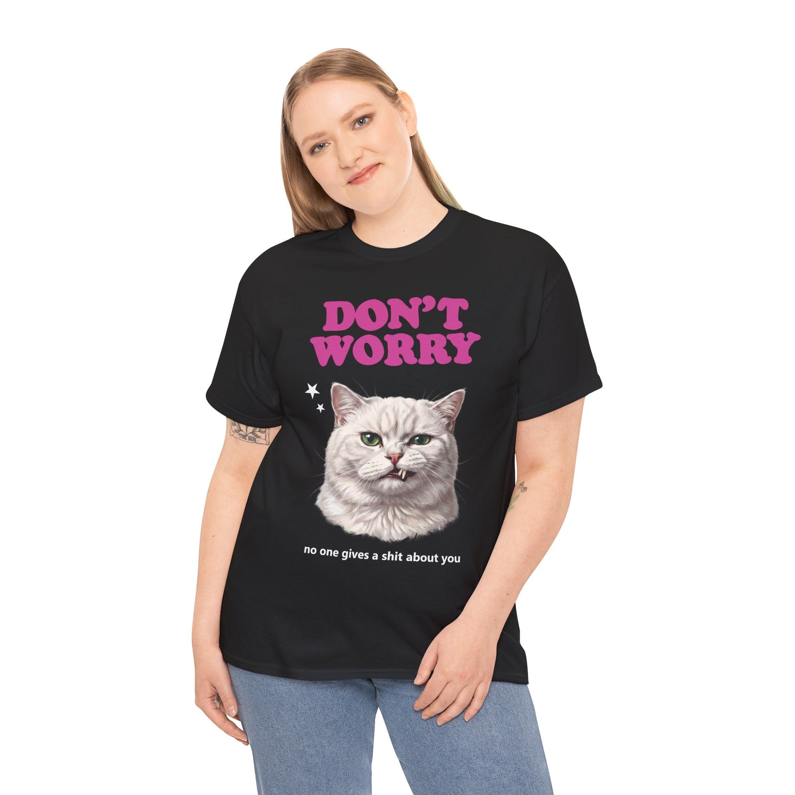 Don't Worry No One Gives A Shit About You T-Shirt — Funny Sarcastic White Cat Tee