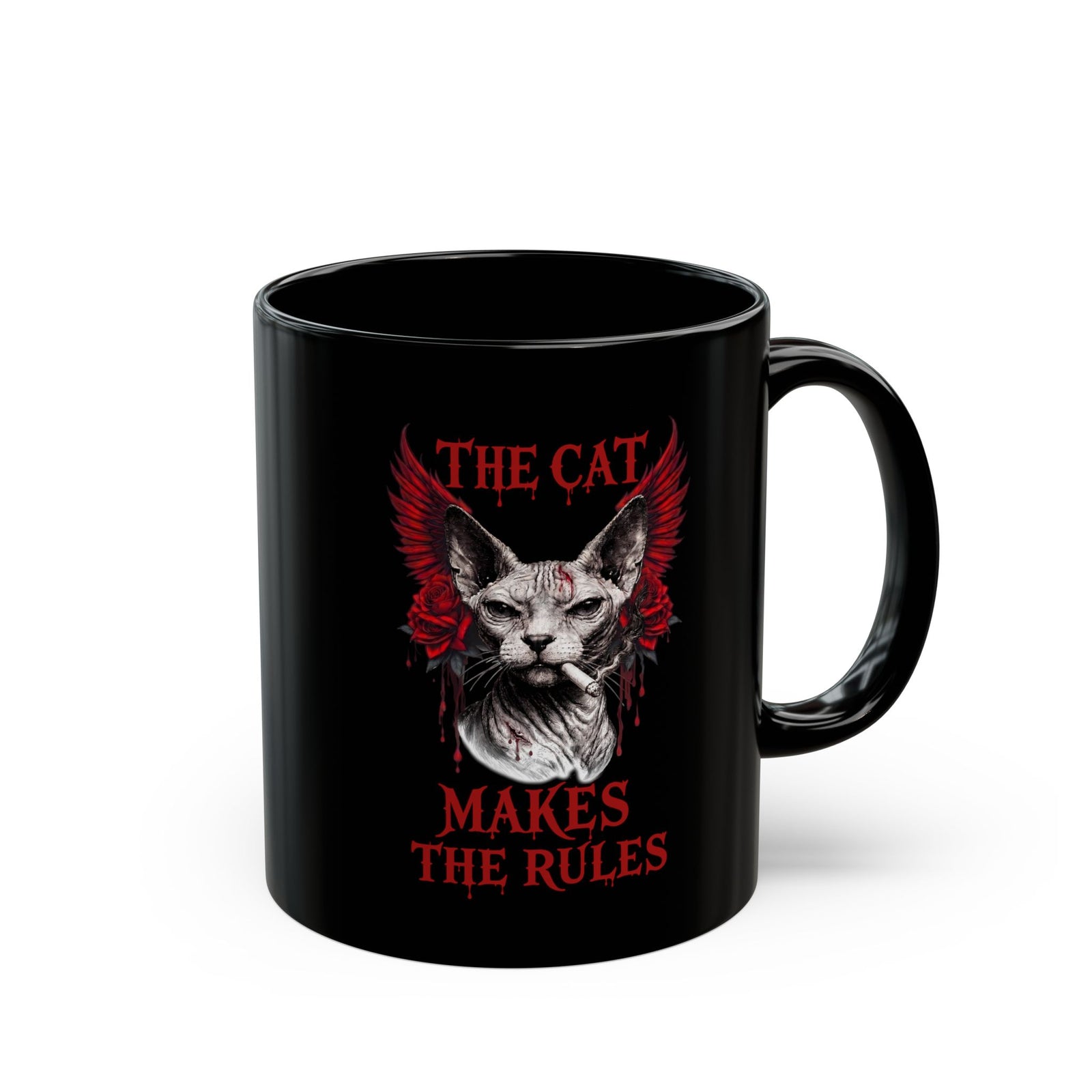 The Cat Makes The Rules Black Mug — Funny Gothic Smoking Sphynx Mug