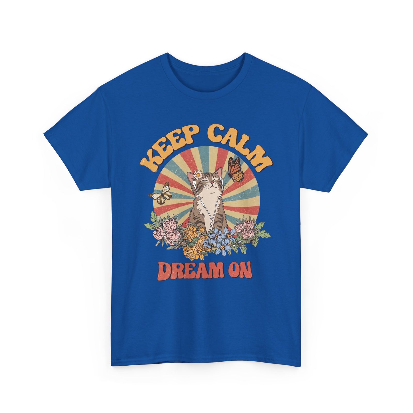 Keep Calm Dream On Cat T-Shirt — Retro 70s Hippie Feline Graphic