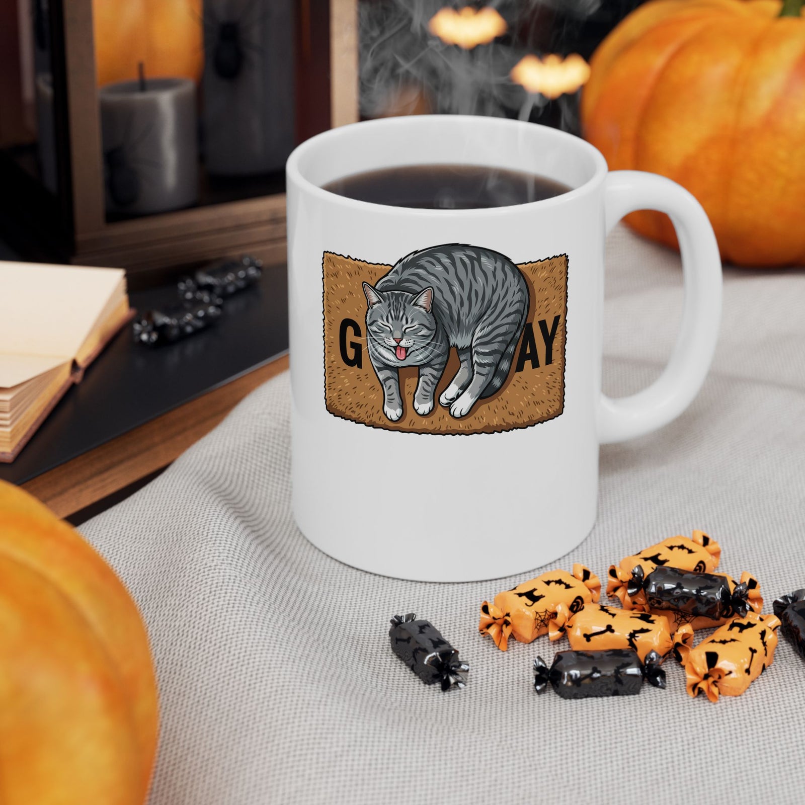 Funny Gay Cat Ceramic Mug — Cute Grey Tabby LGBTQ Pride Mug