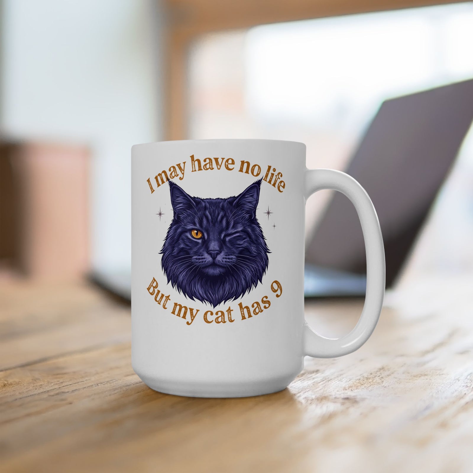 Cat Lover T‑Mug — “I May Have No Life But My Cat Has 9” with Illustrated Cat