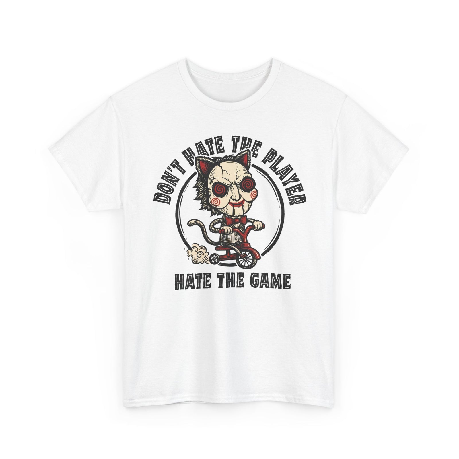 Don't Hate The Player Hate The Game SAW Cat T-Shirt — Funny Jigsaw Puppet Tee