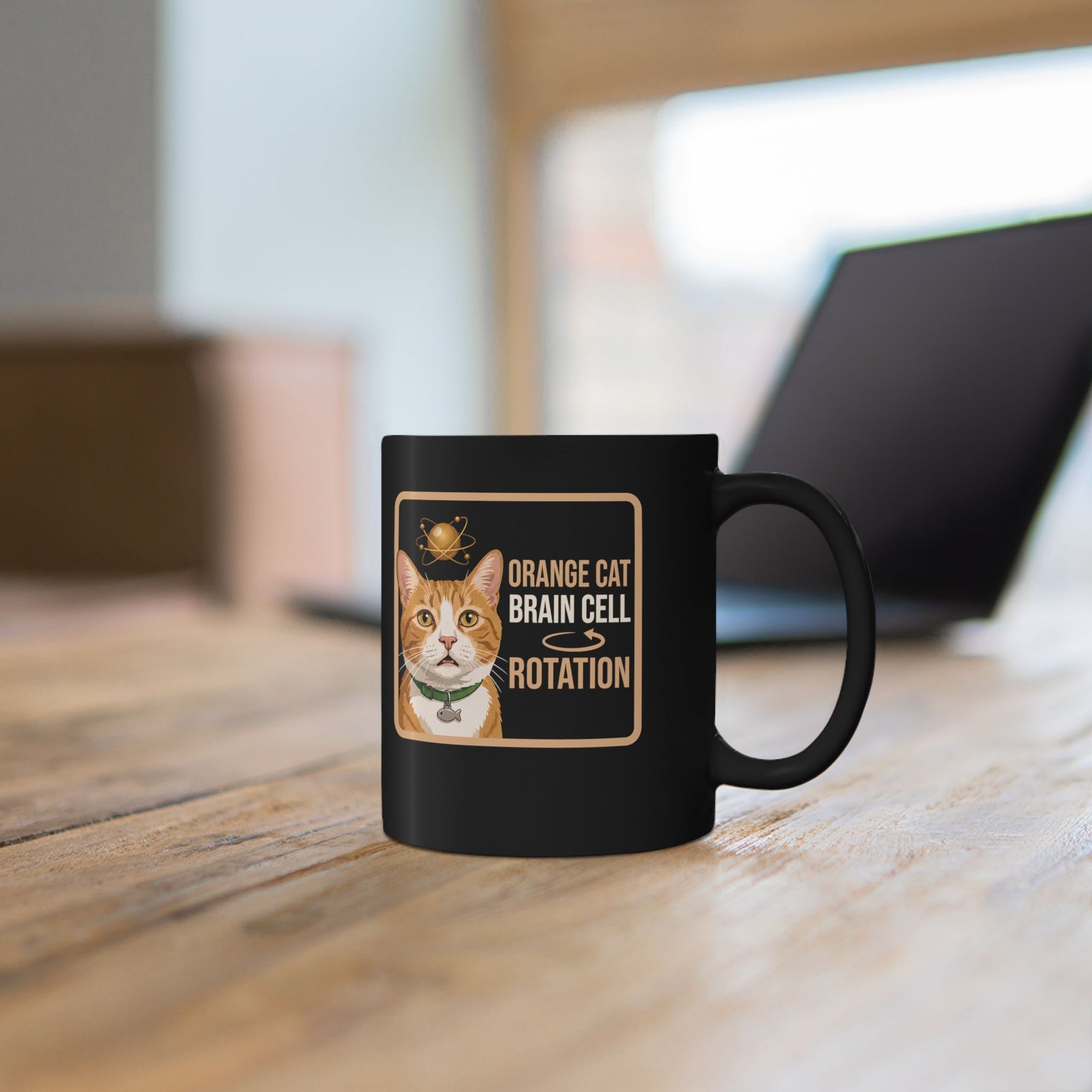 Orange Cat Brain Cell Rotation Black Mug