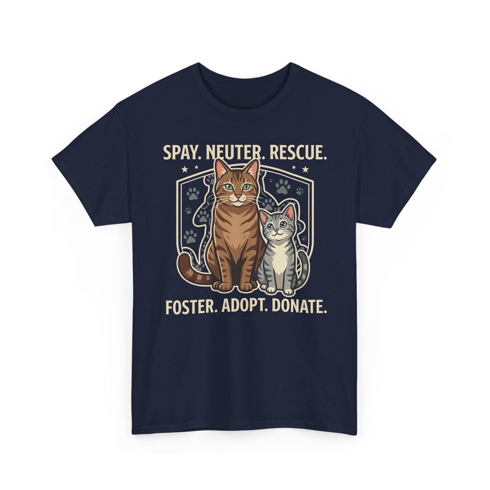 Cat Rescue T-Shirt - "Spay. Neuter. Rescue. Foster. Adopt. Donate." Animal Shelter Support Tee