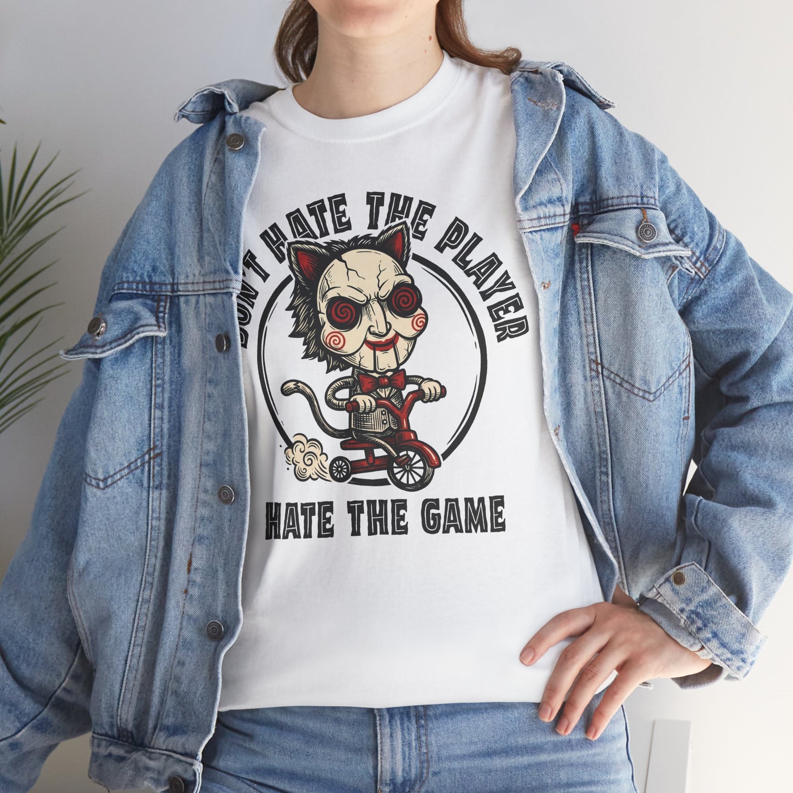 Don't Hate The Player Hate The Game SAW Cat T-Shirt — Funny Jigsaw Puppet Tee