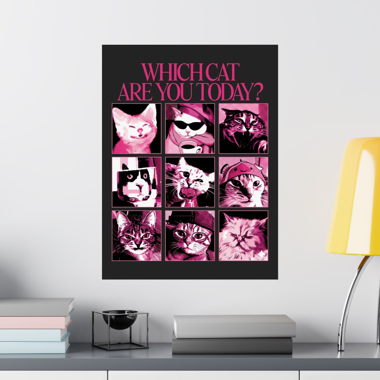 Cat Mood Chart Poster — Pink Pop Art Feline Expressions Graphic