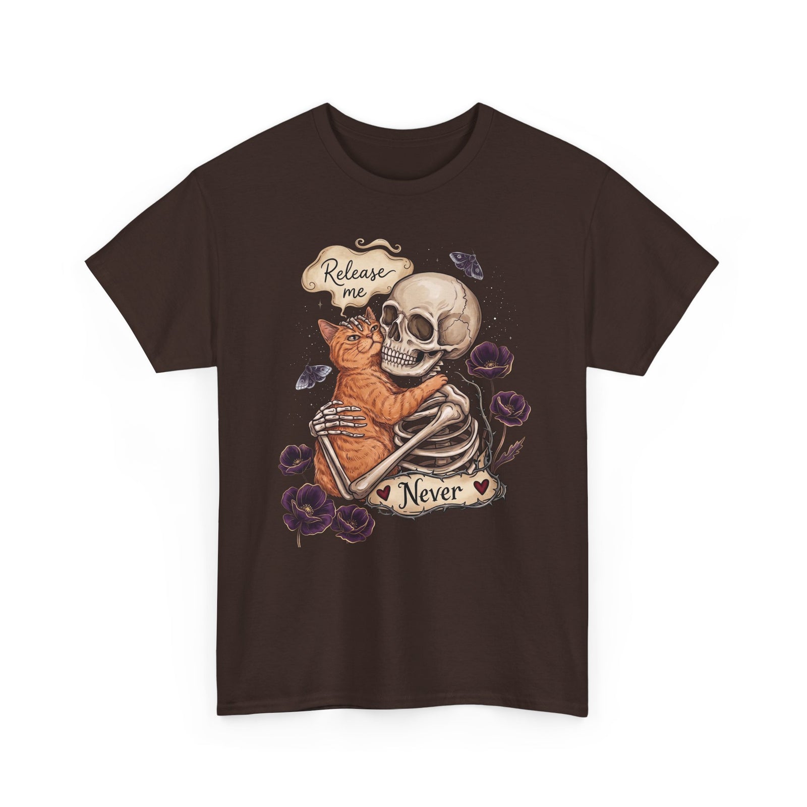 Funny Clingy Skeleton & Cat T-Shirt — Dark Aesthetic Cat Tee