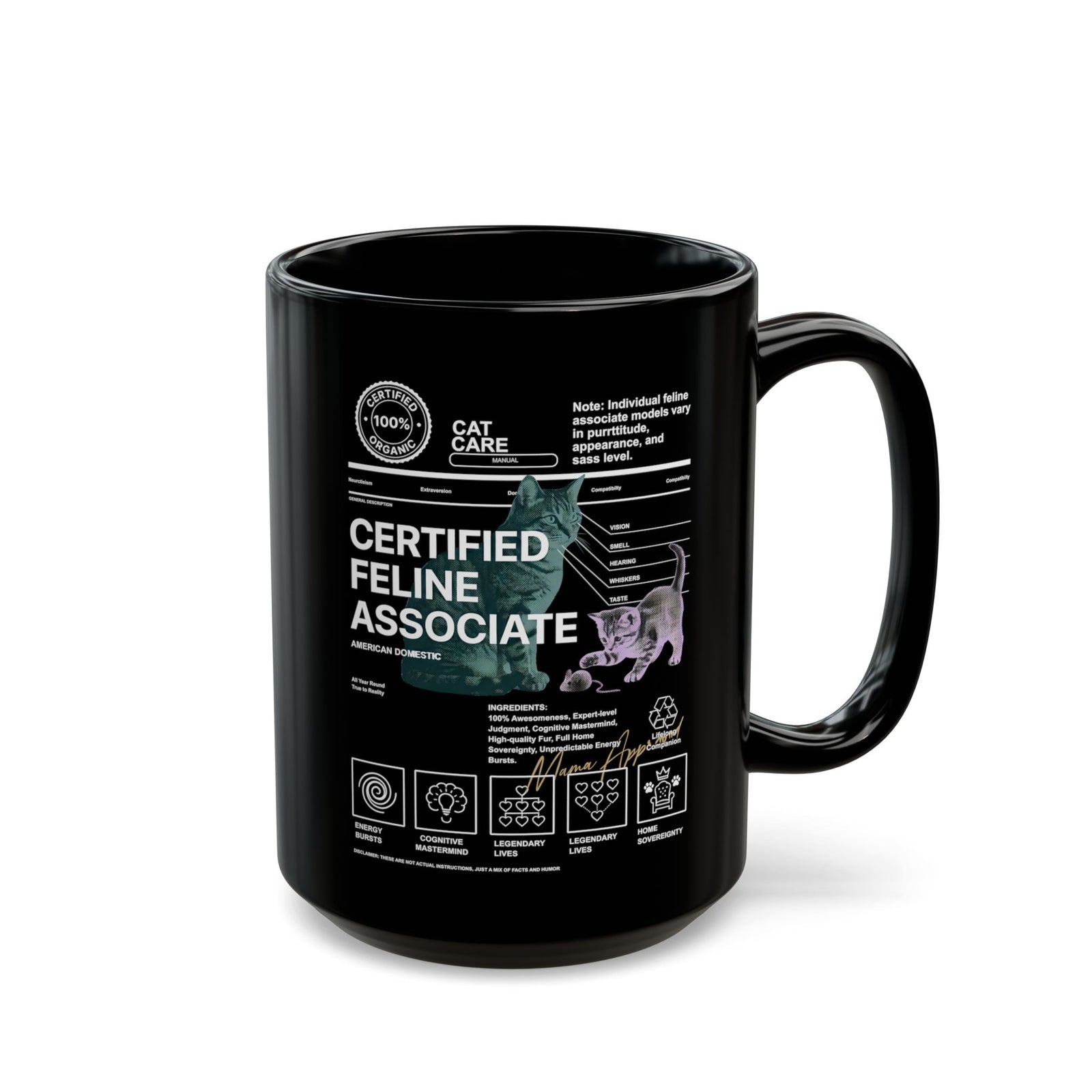 Certified Feline Associate Black Mug — Funny Cat Lover Mug