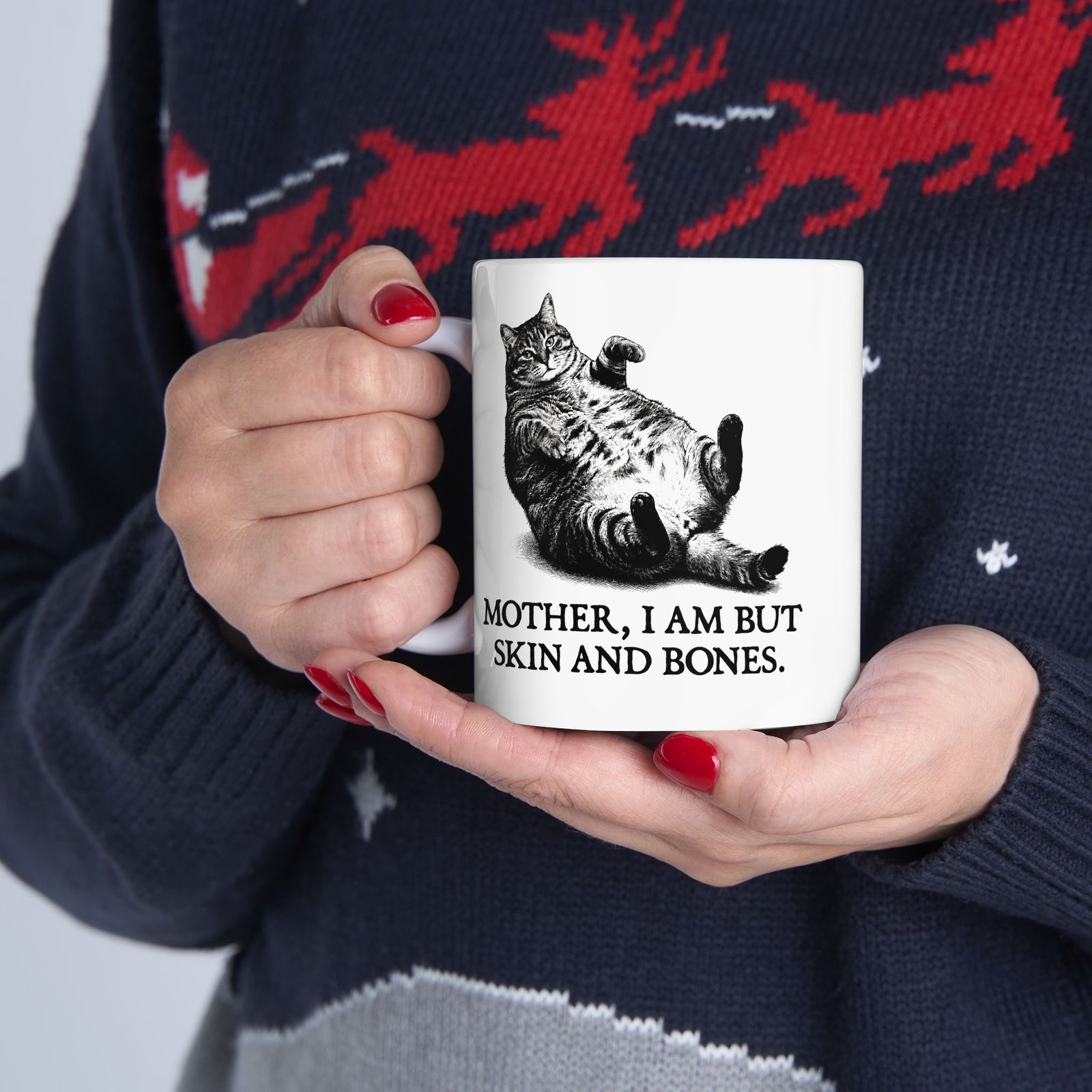 Skin And Bones Chonk Cat Ceramic Mug — Funny Dramatic Feline Graphic Mug