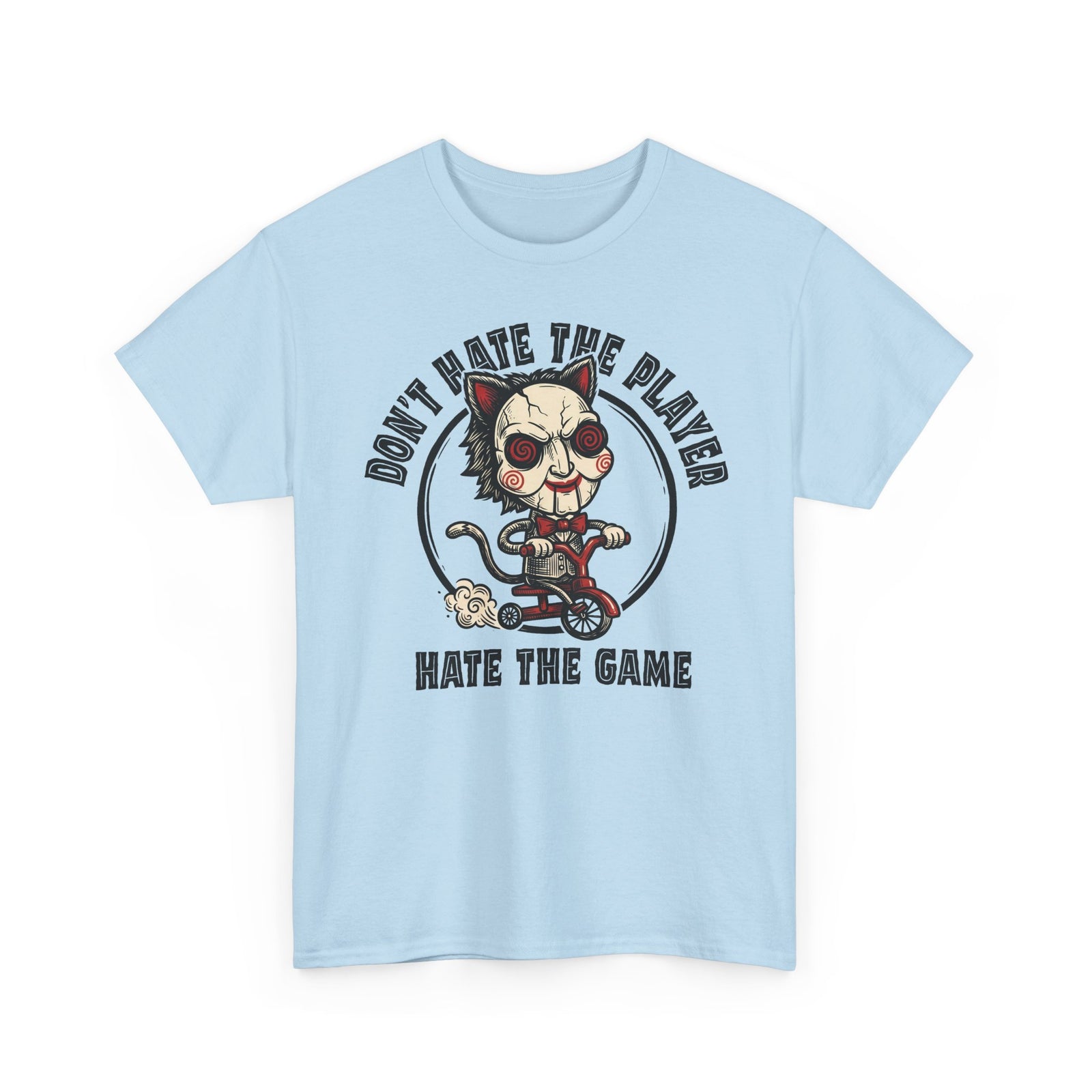 Don't Hate The Player Hate The Game SAW Cat T-Shirt — Funny Jigsaw Puppet Tee
