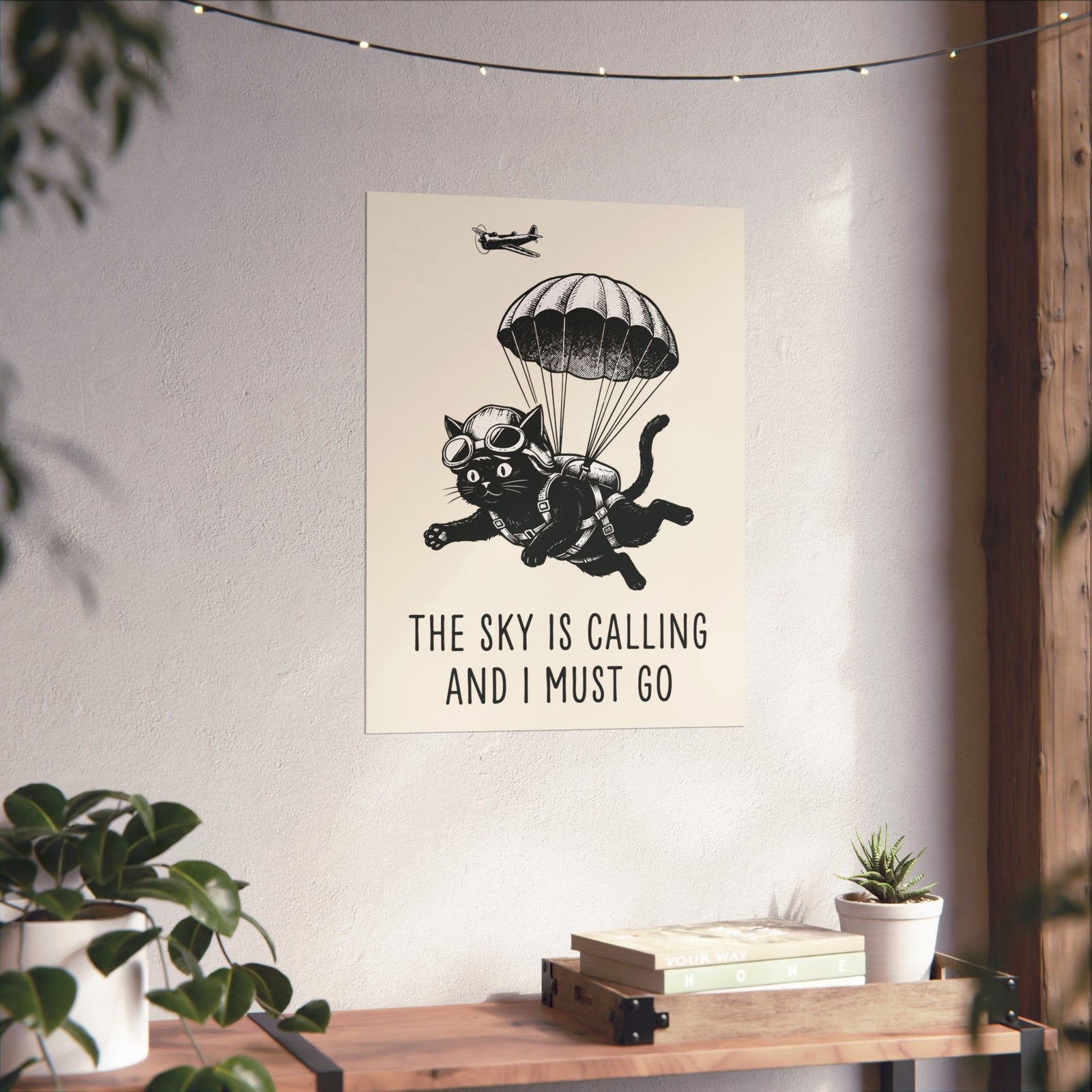 The Sky Is Calling And I Must Go Poster — Funny Parachuting Black Cat Poster