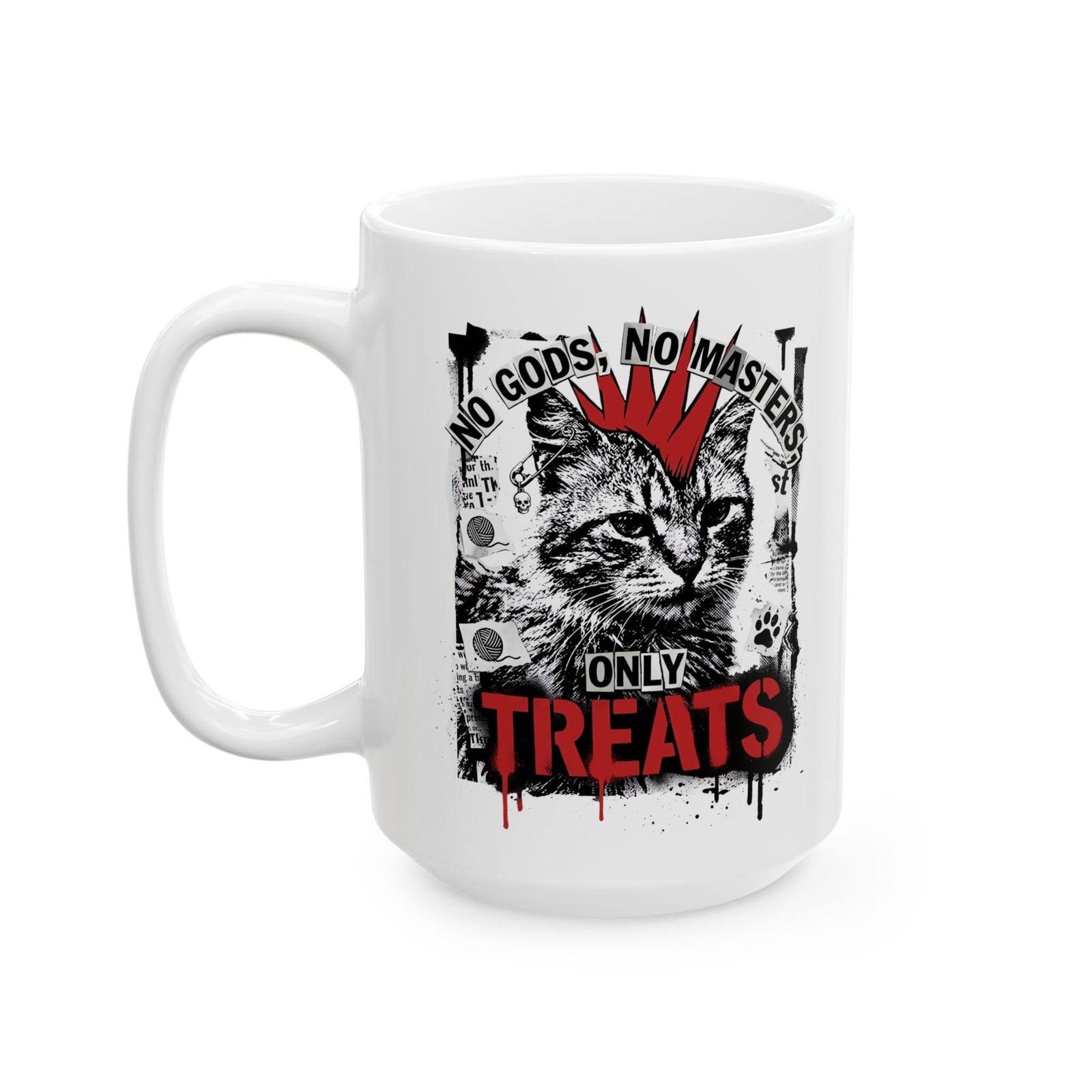 Punk Cat Mug — “No Gods No Masters, Only Treat” Graphic Ceramic Mug