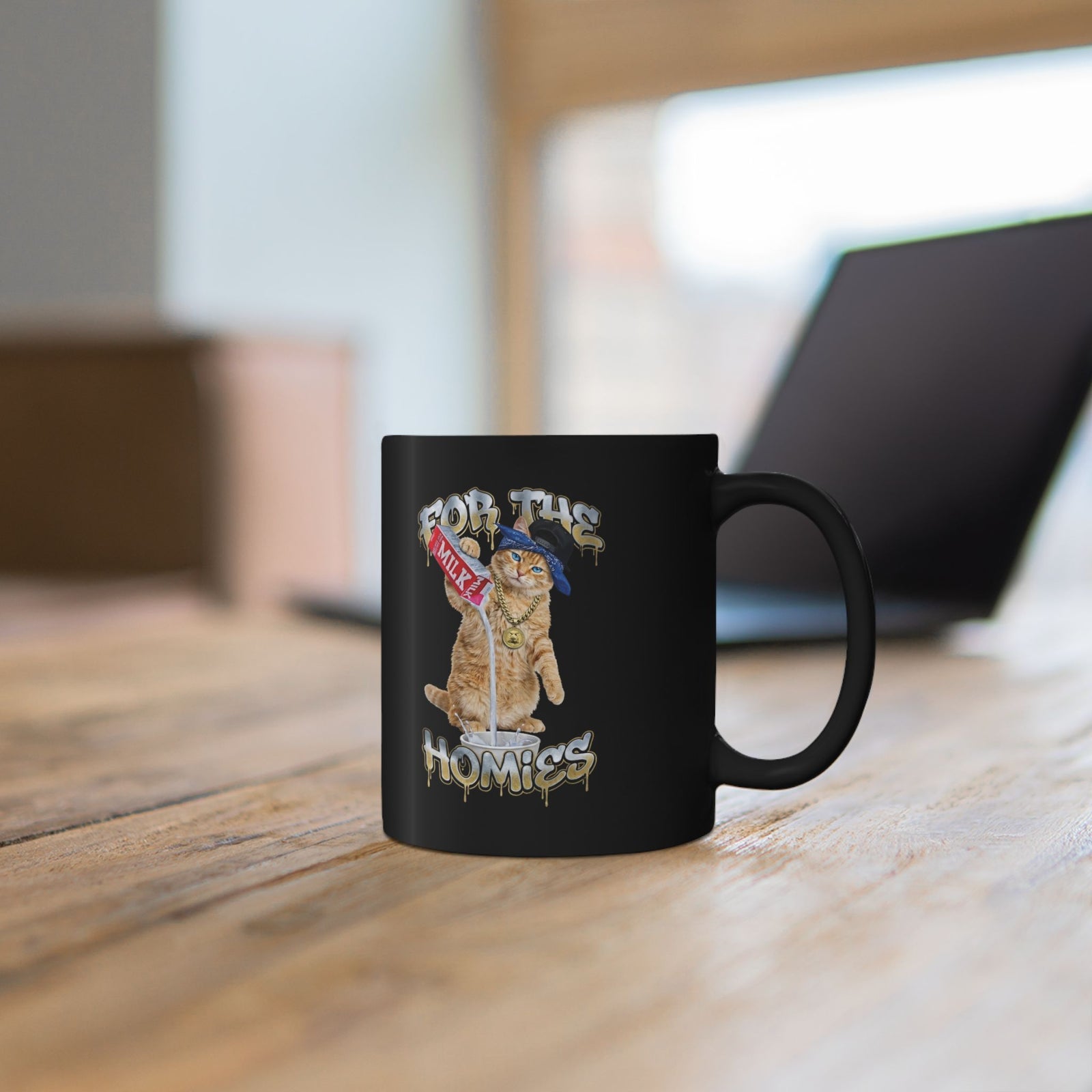 For The Homies Cat Black Mug Funny Gangster Cat Graphic Mug, Milk Pouring Cat Mug, Street Style Cat Lover Gift, Unisex Cotton Black Mug
