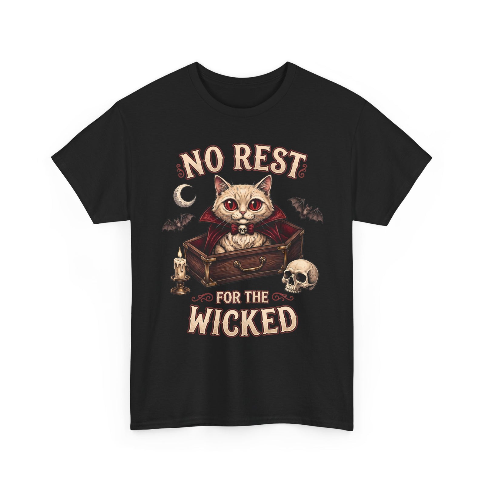 No Rest For The Wicked Vampire Cat Coffin Shirt — Gothic Halloween Tee