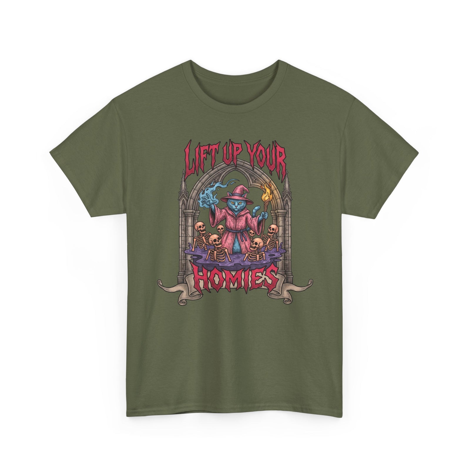 Lift Up Your Homies Wizard Cat T-Shirt — Necromancer Skeleton Feline Tee