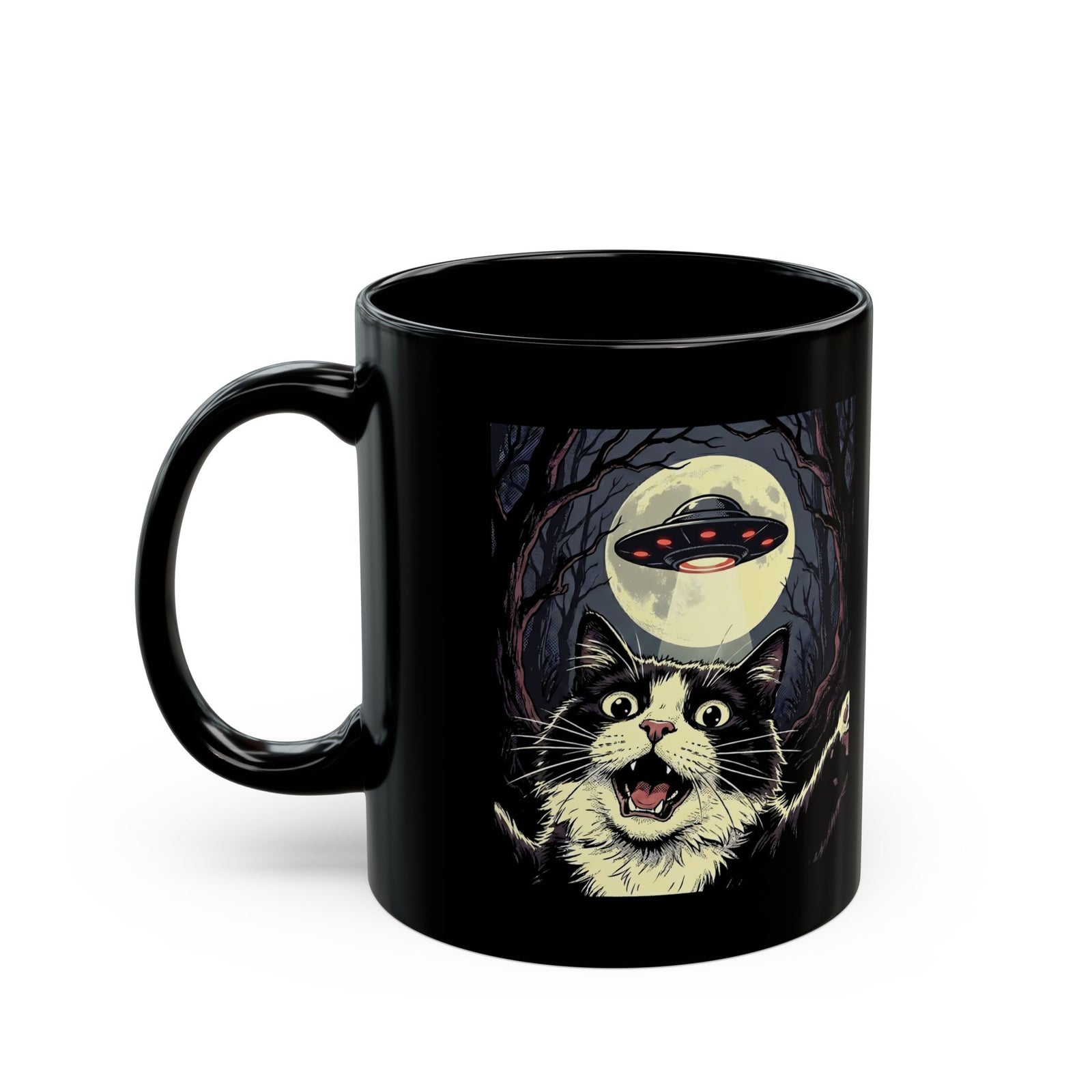 Cat Selfie With UFO Black Mug