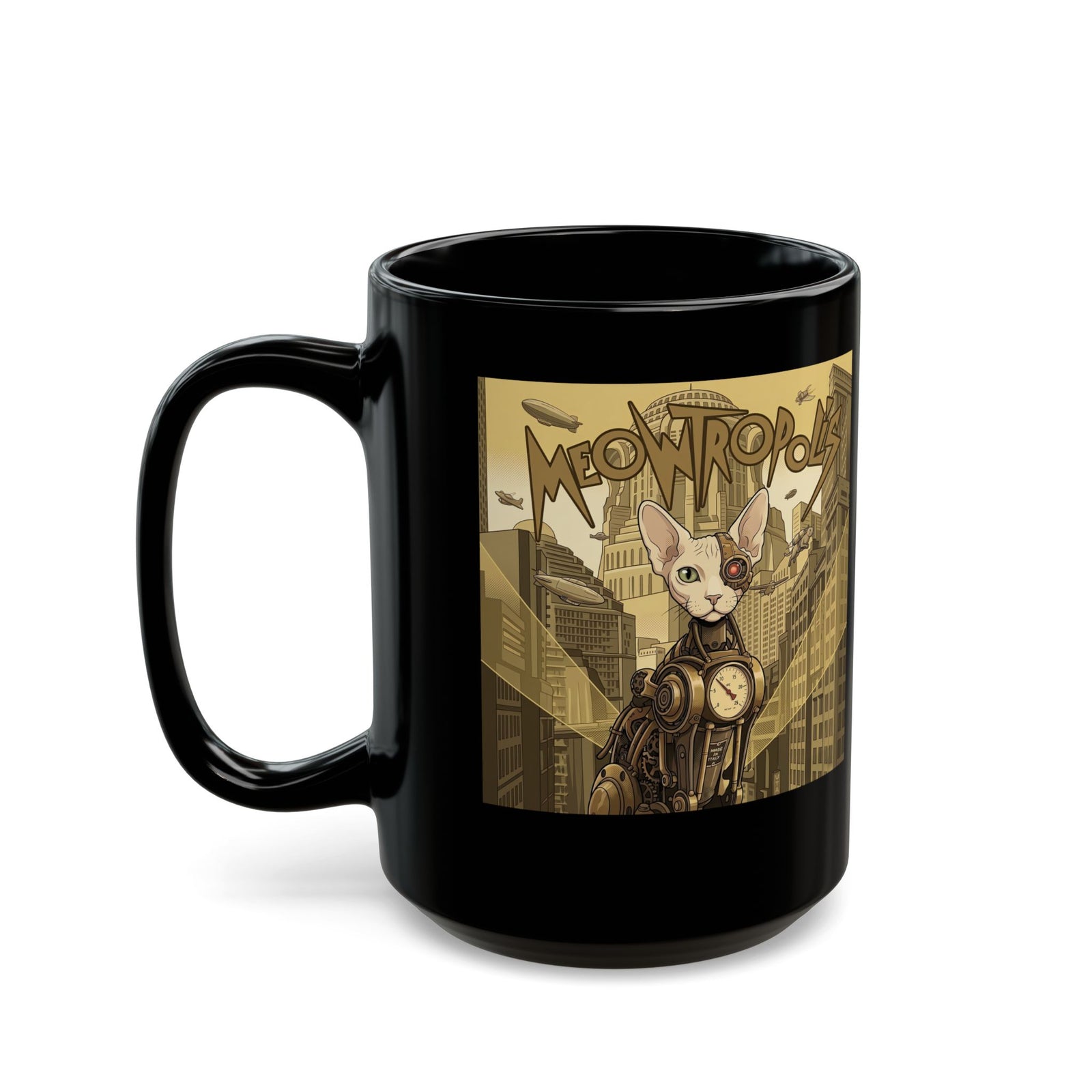 Meowtropolis Sci‑Fi Cat Black Mug — Futuristic Cat Graphic Mug