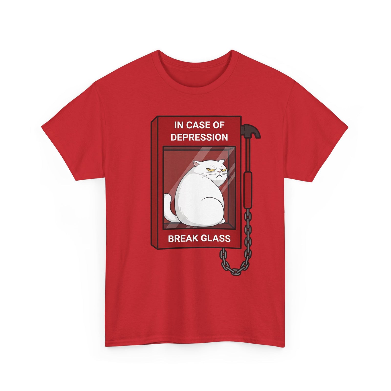 In Case Of Depression Break Glass T-Shirt — Funny Grumpy White Cat Emergency Tee