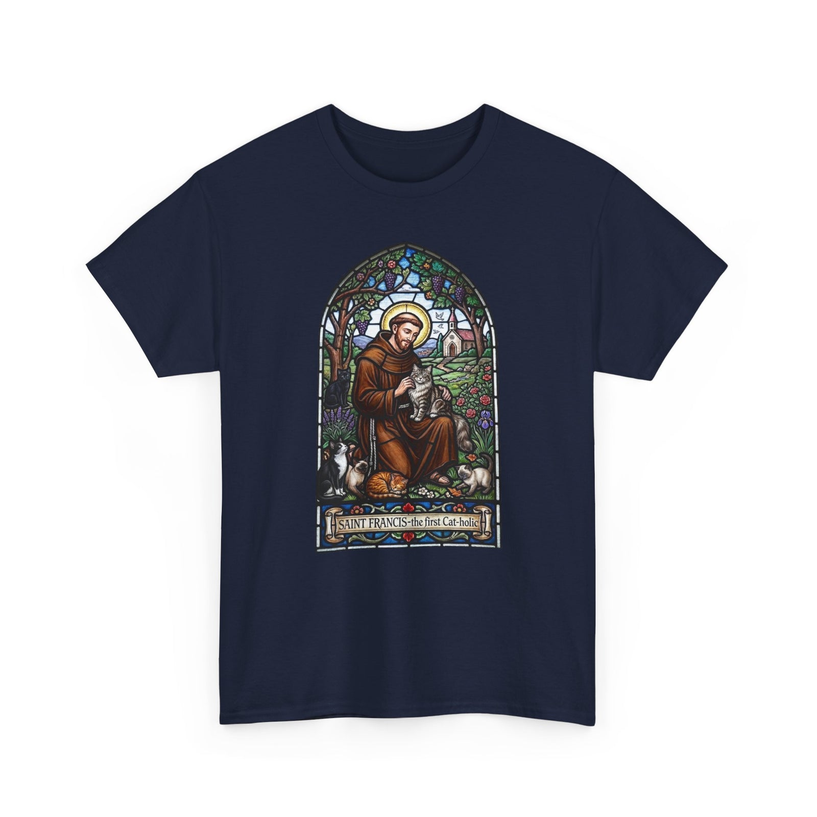 Saint Francis Cat T-Shirt — "SAINT FRANCIS — the first Cat-holic"