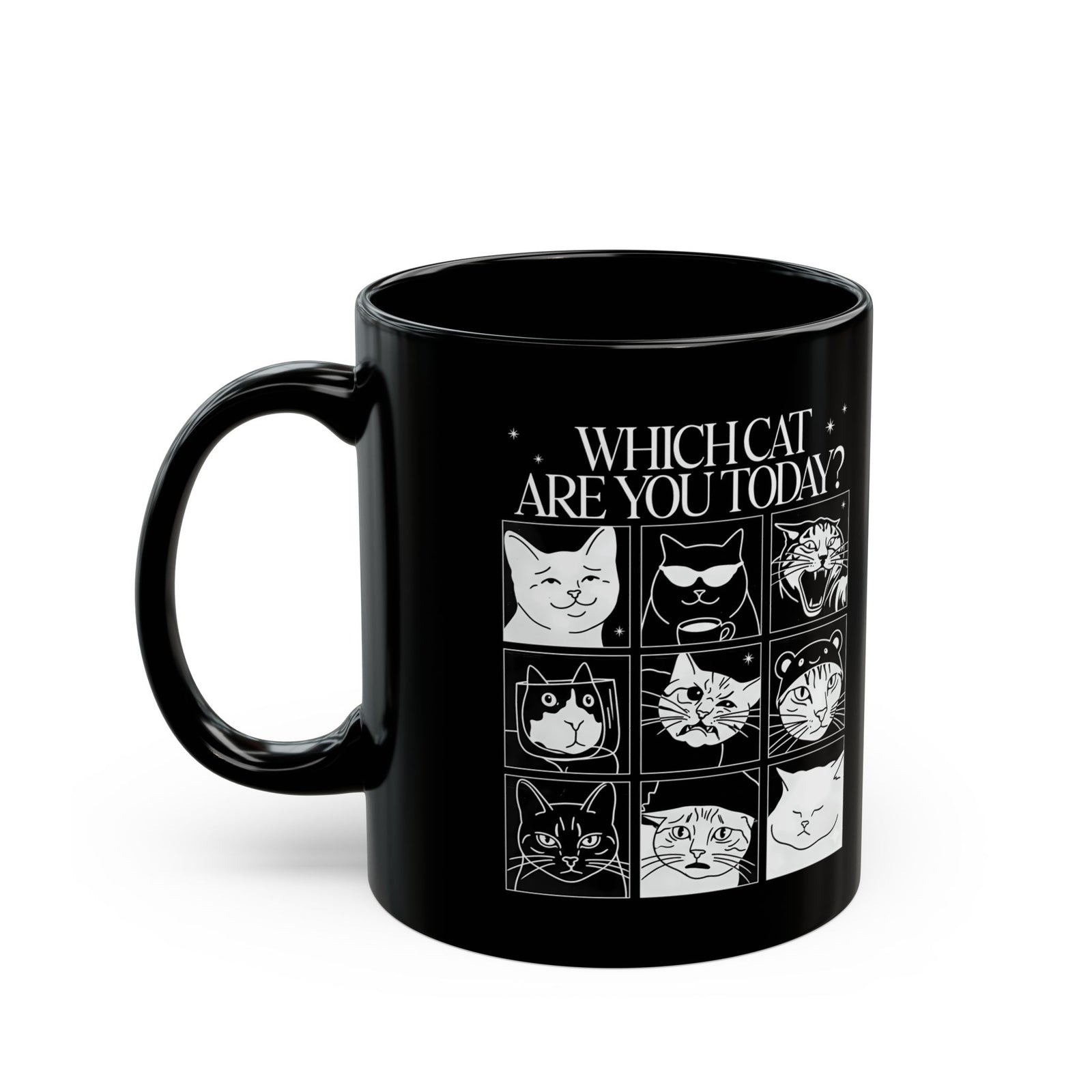 Which Cat You Choose Today Black Mug — Playful Cat Lover Graphic Mug