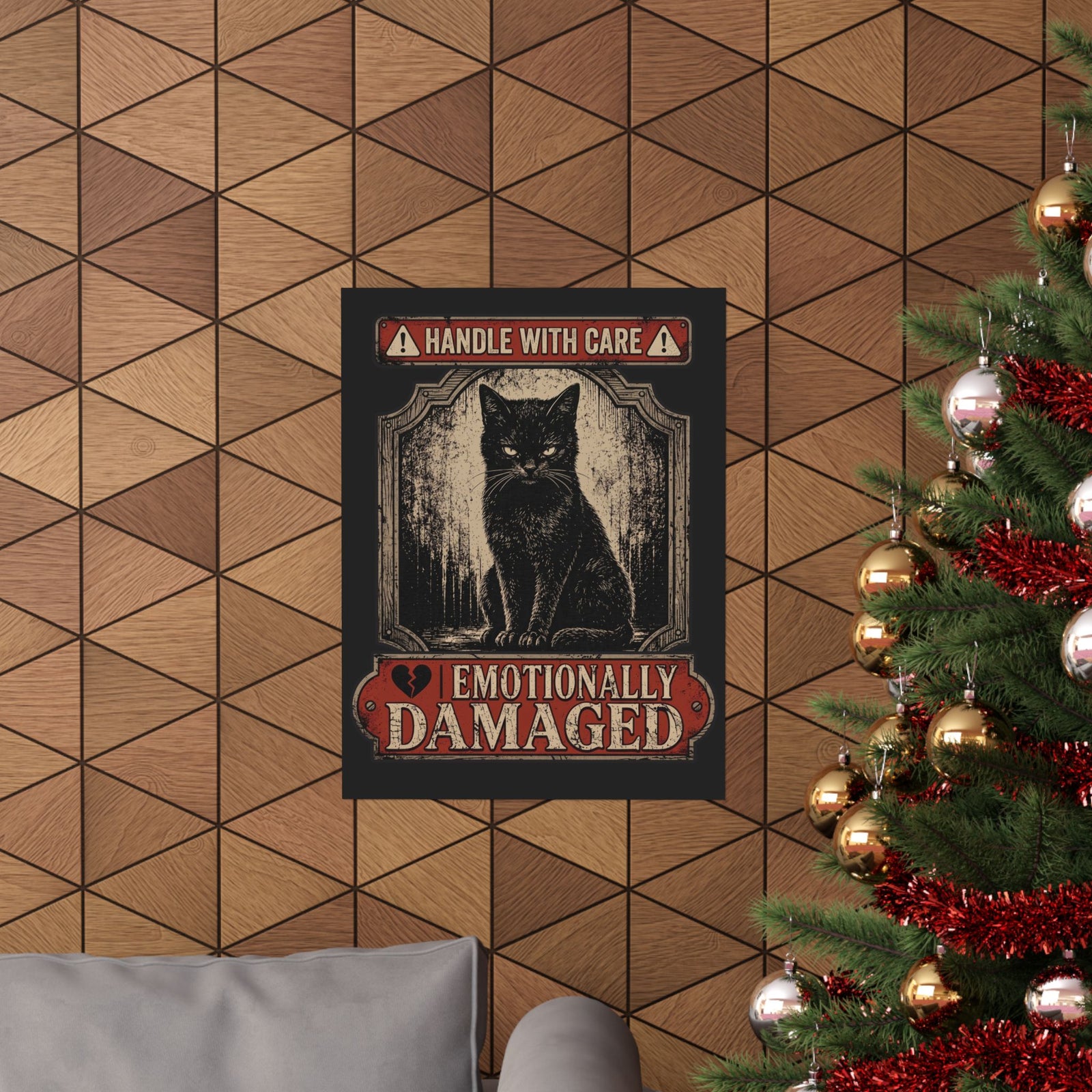 Emotionally Damaged Cat Poster – "Handle With Care" Vintage Black Poster