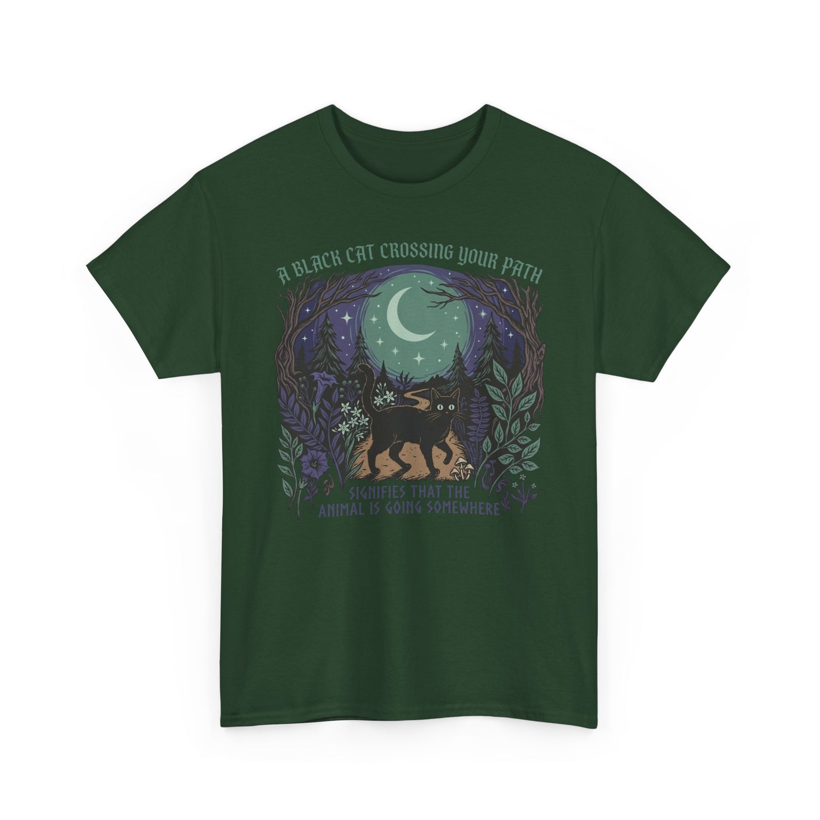 Black Cat Crossing Your Path Tee — Whimsical Moonlit Forest Cat Shirt