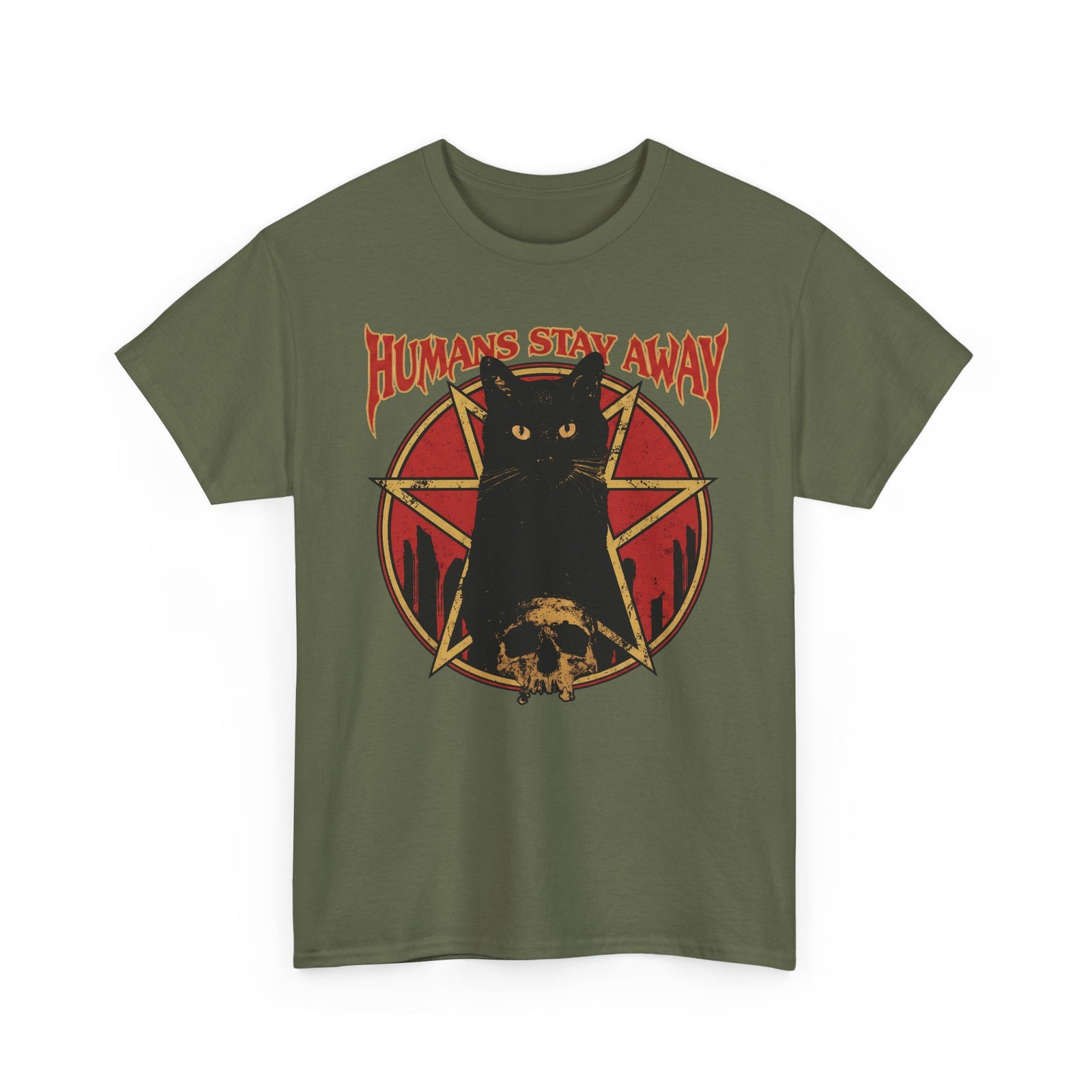 Humans Stay Away Black Cat T-Shirt — Heavy Metal Occult Pentagram Tee