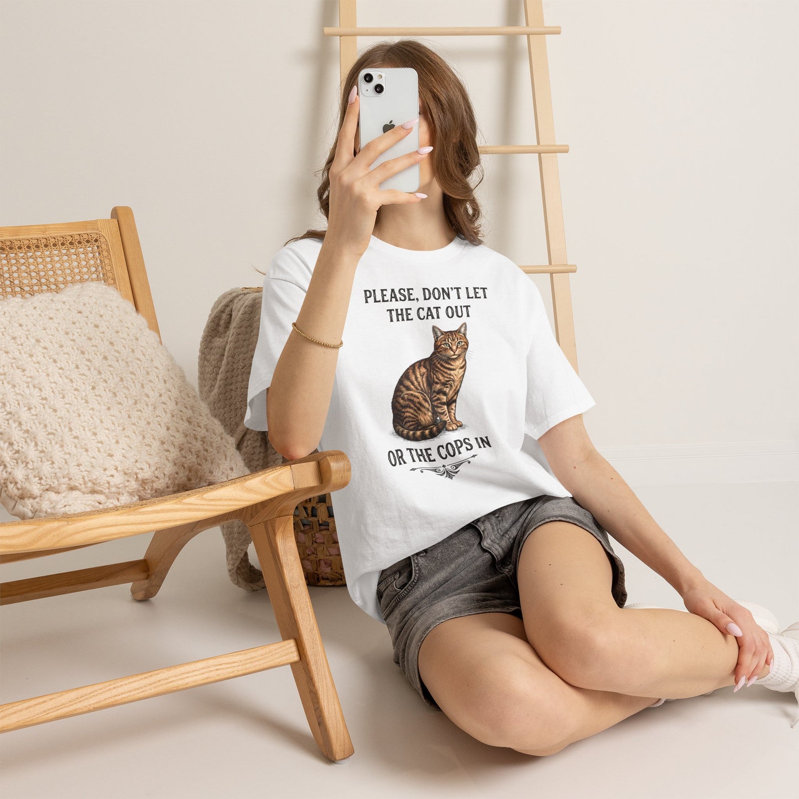Please Don't Let The Cat Out Or The Cops In T-Shirt — Funny Tabby Cat Tee