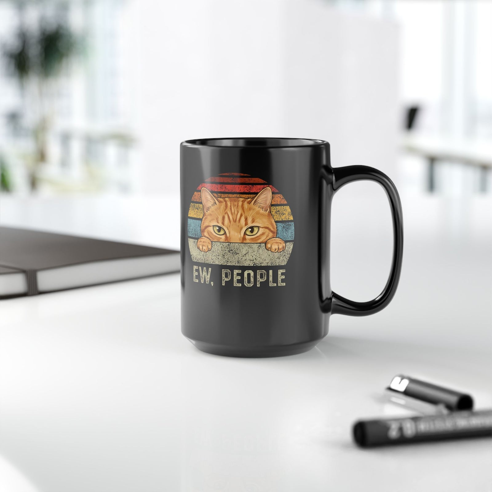 Ew People Orange Cat Black Mug — Funny Retro Sunset Introvert Graphic Mug