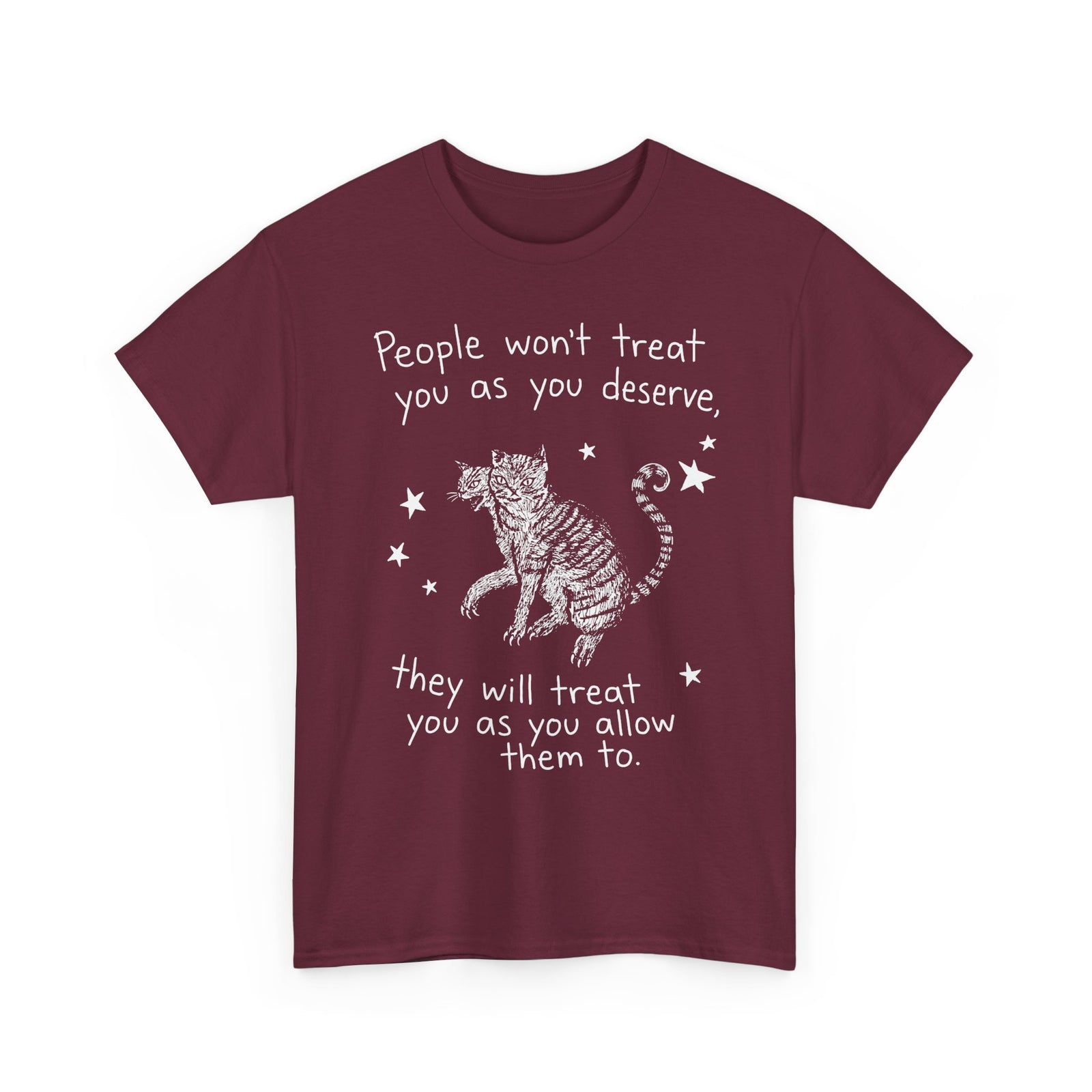 Two-Headed Tabby Cat T-Shirt — "People Won't Treat You As You Deserve" Gothic Woodcut Tee