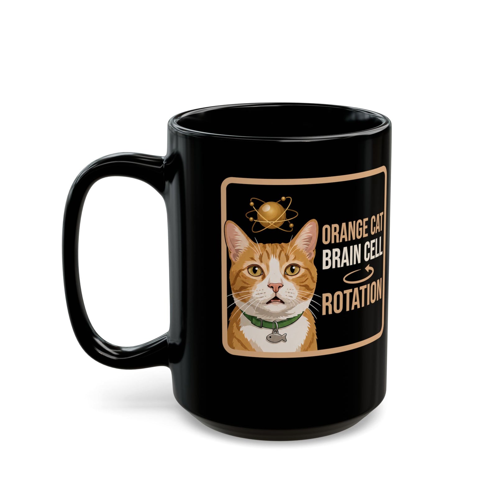 Orange Cat Brain Cell Rotation Black Mug