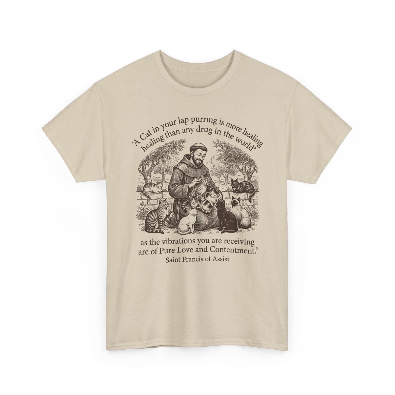 Saint Francis Vintage Graphic Tee — "A Cat in Your Lap Purring" Spiritual Animal Lover Shirt