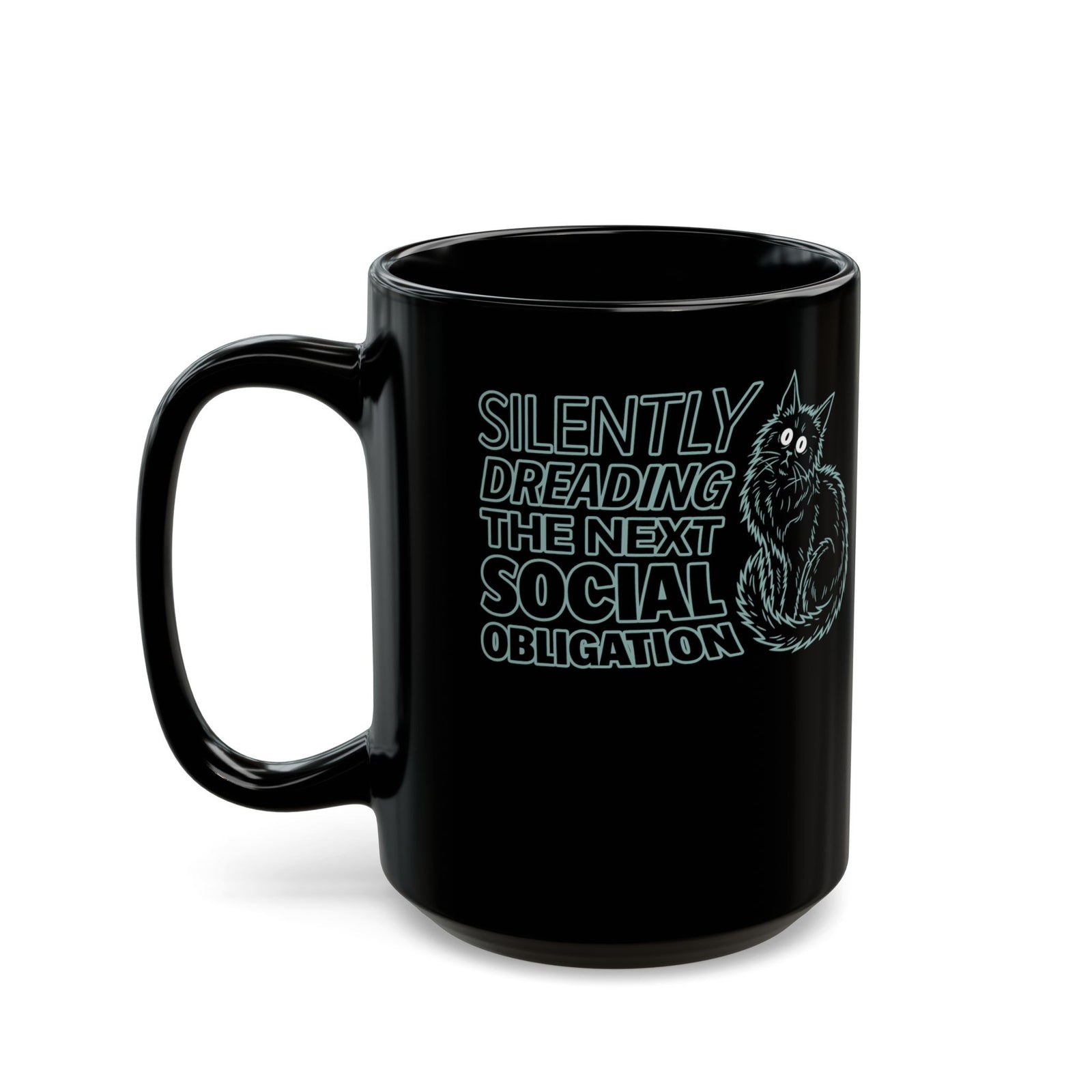 Introvert Cat Black Mug — "Silently Dreading the Next Social Obligation"