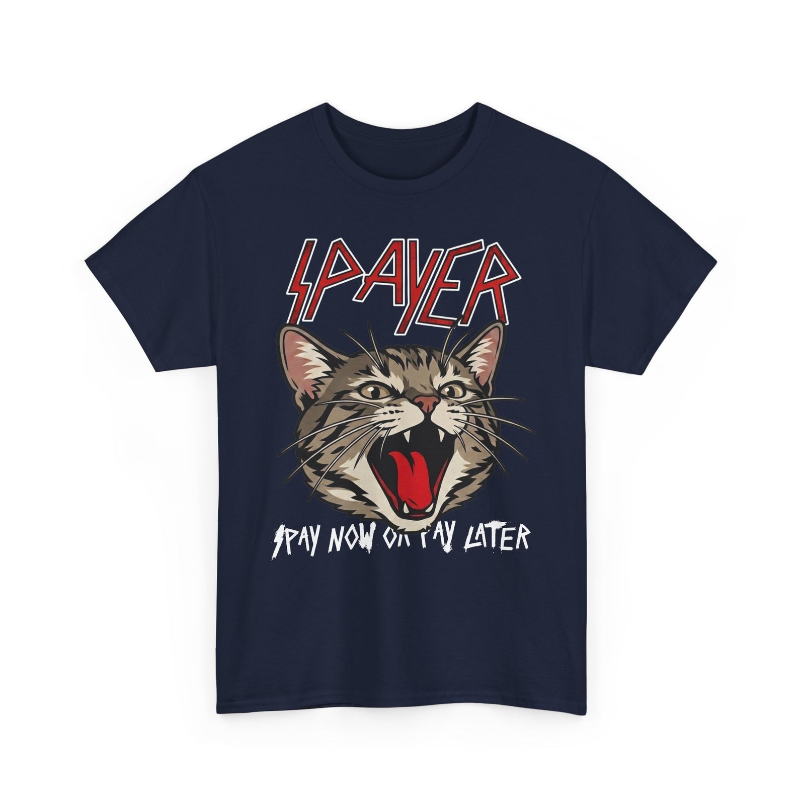 Slayer Cat Graphic Tee — "Pray Now Or Pay Later" Rock Band Style T-Shirt
