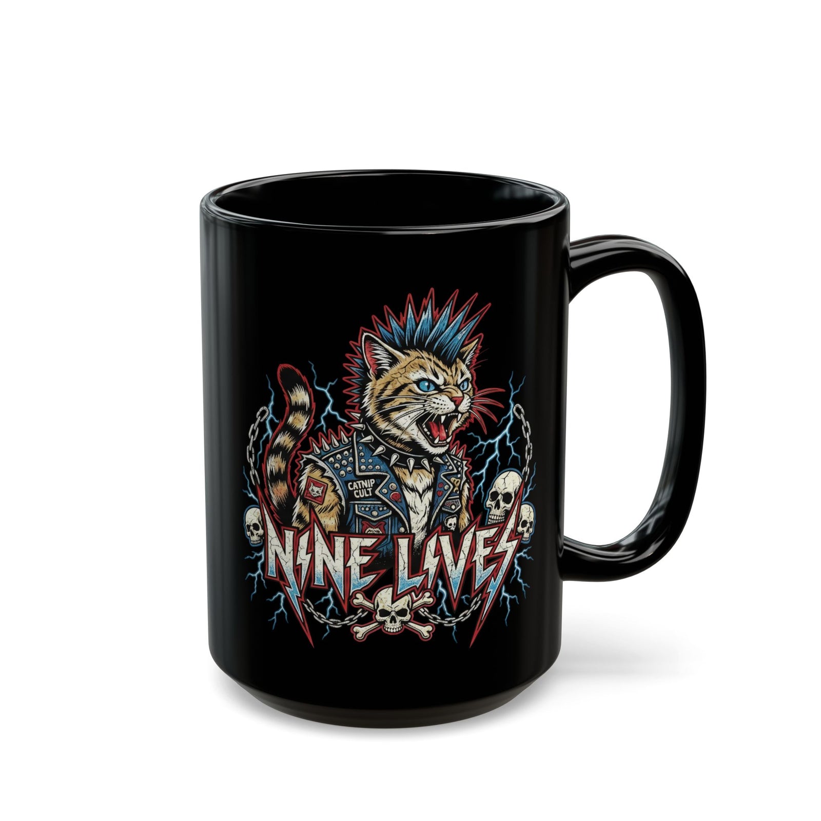 Nine Lives Cat Black Mug — Retro Feline Graphic Mug