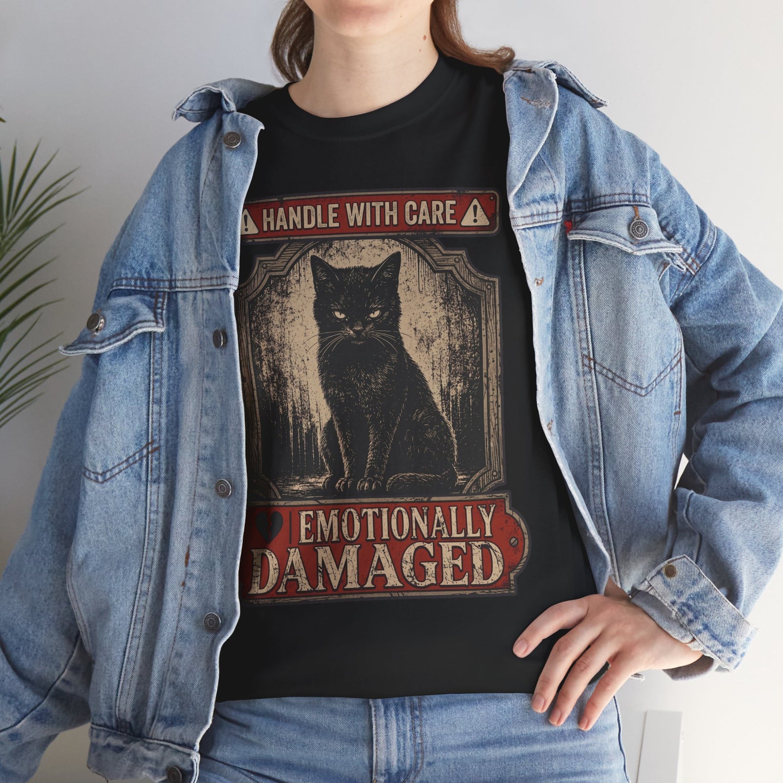 Emotionally Damaged Cat T-Shirt – "Handle With Care" Vintage Black Tee
