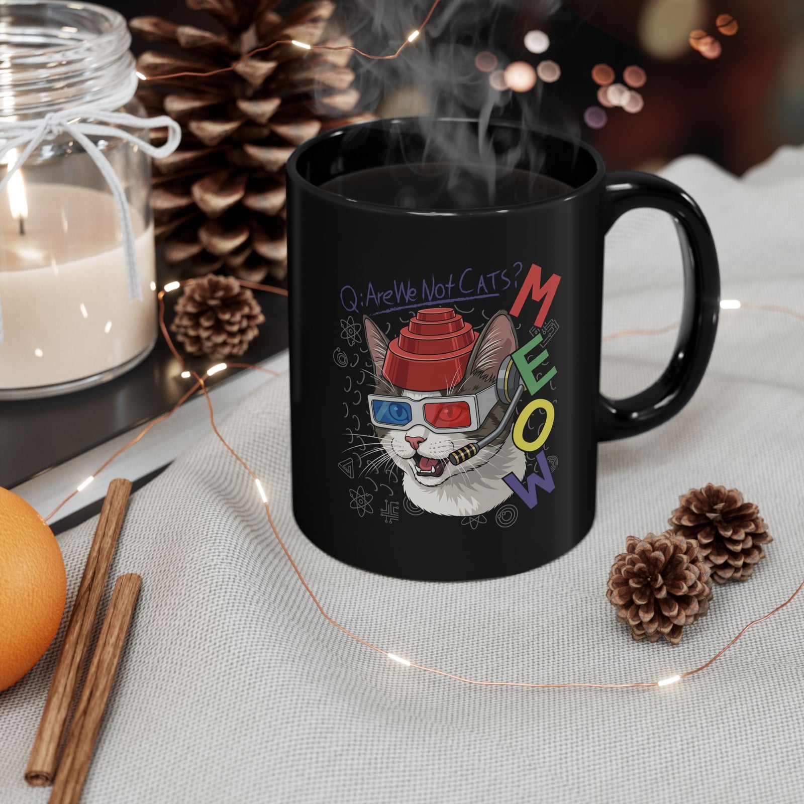 Meow Are We Not Cats Black Mug