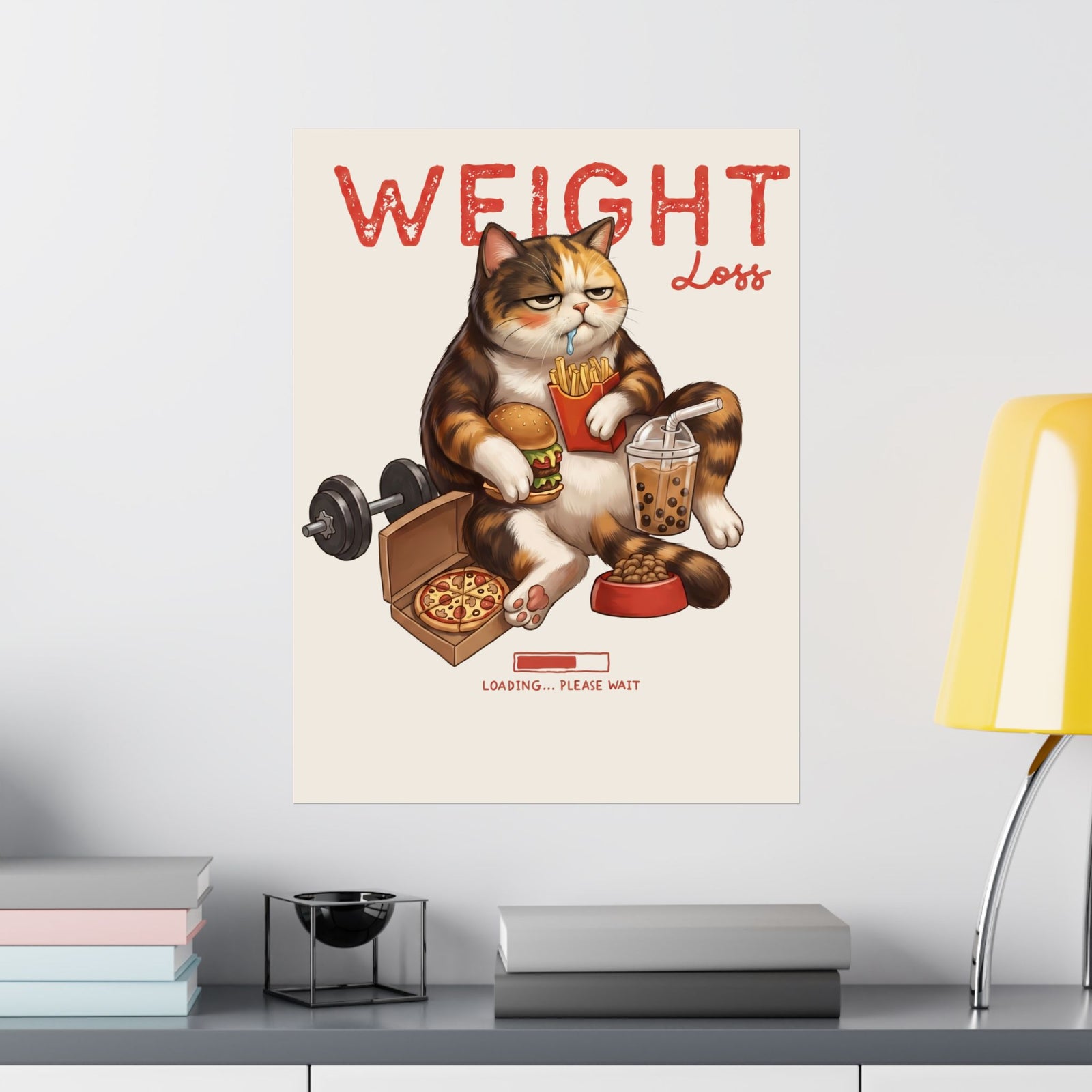 Weight Loss Loading Funny Cat Poster — Chubby Calico Junk Food Poster