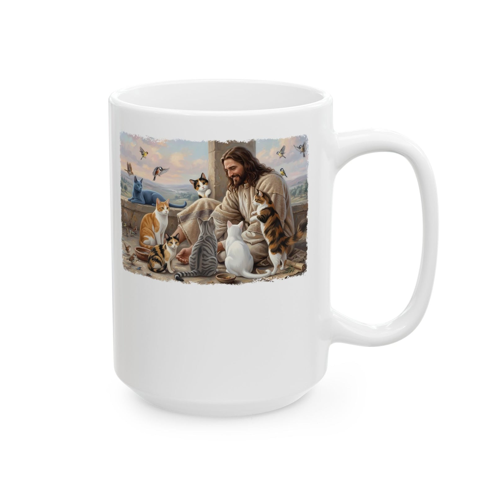 Jesus Surrounded by Cats Ceramic Mug — Religious Cat Lover Mug