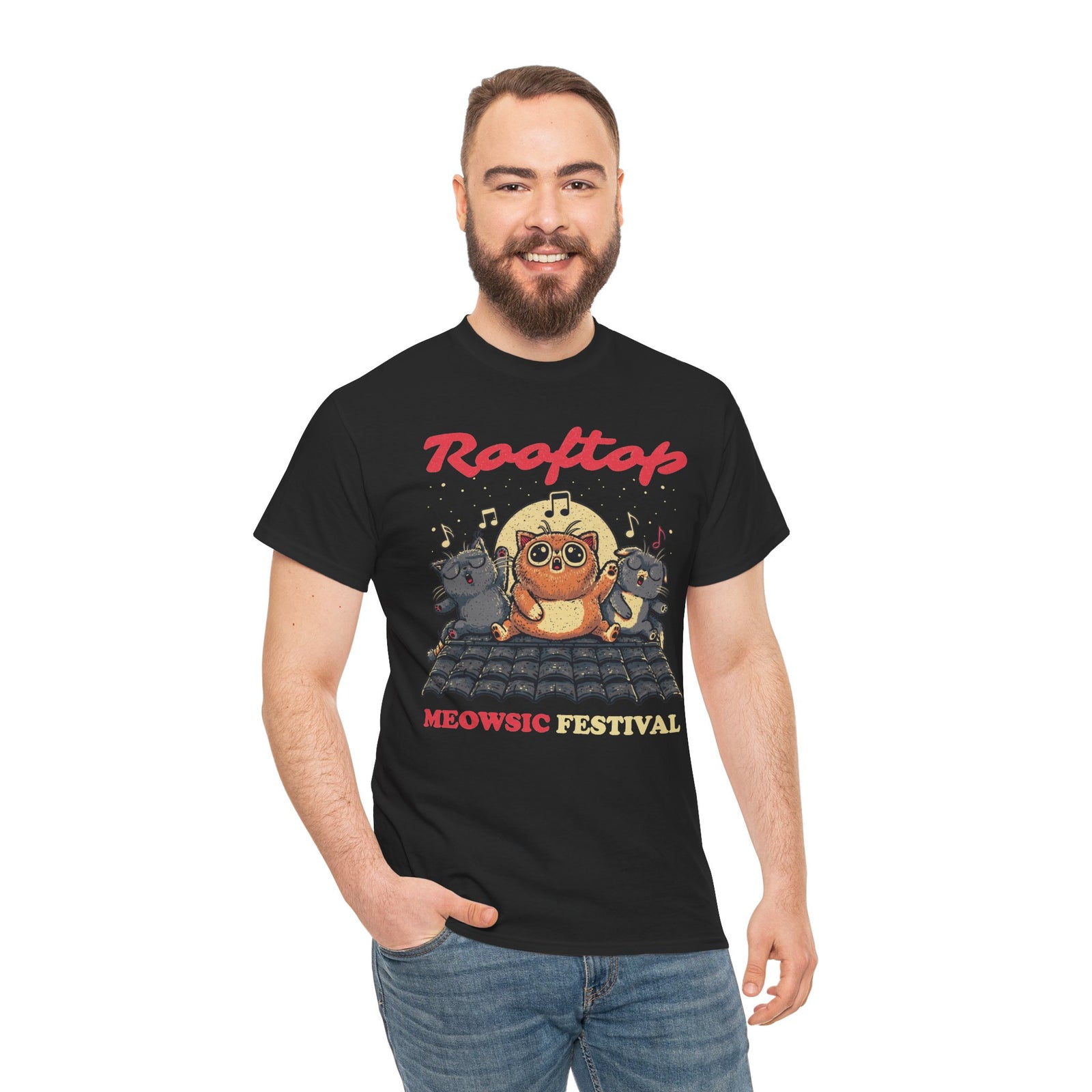 Rooftop Meowgic Festival Tee — Cute Cat Concert Graphic T-Shirt