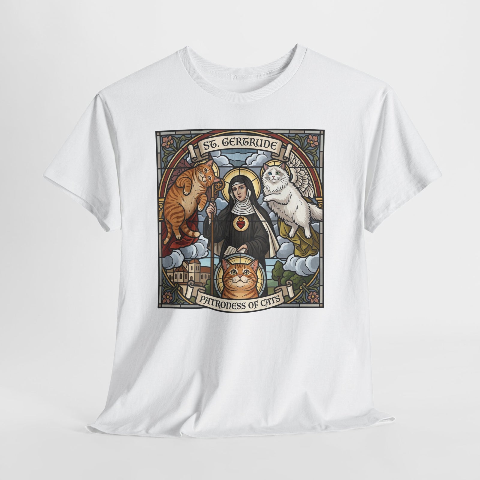 Saint of Cats T‑Shirt — "I See Herebound" Vintage Stained-Glass Cat Graphic Tee