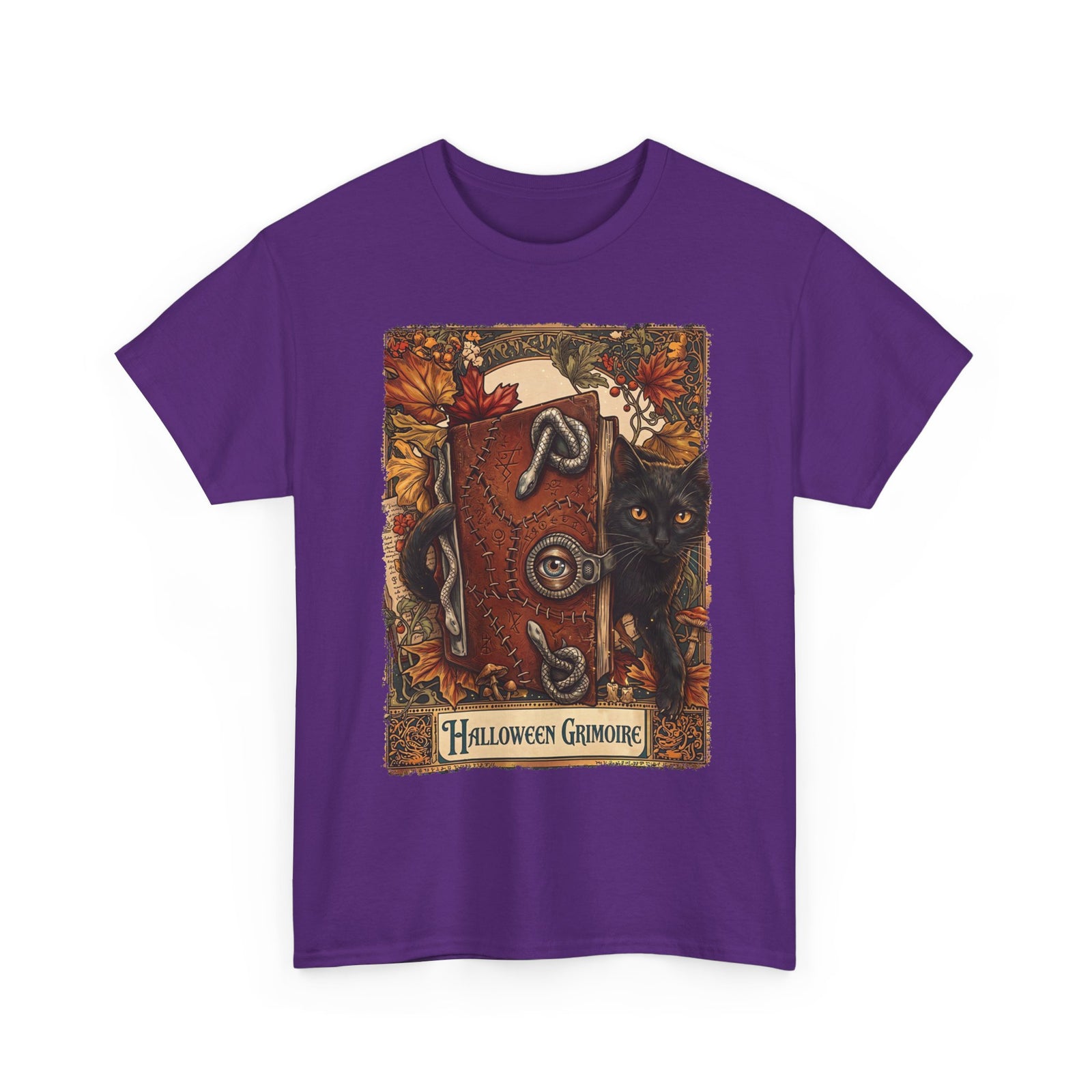 Halloween Grimoire Spellbook Black Cat T-Shirt — Witchy Autumn Magic Tee
