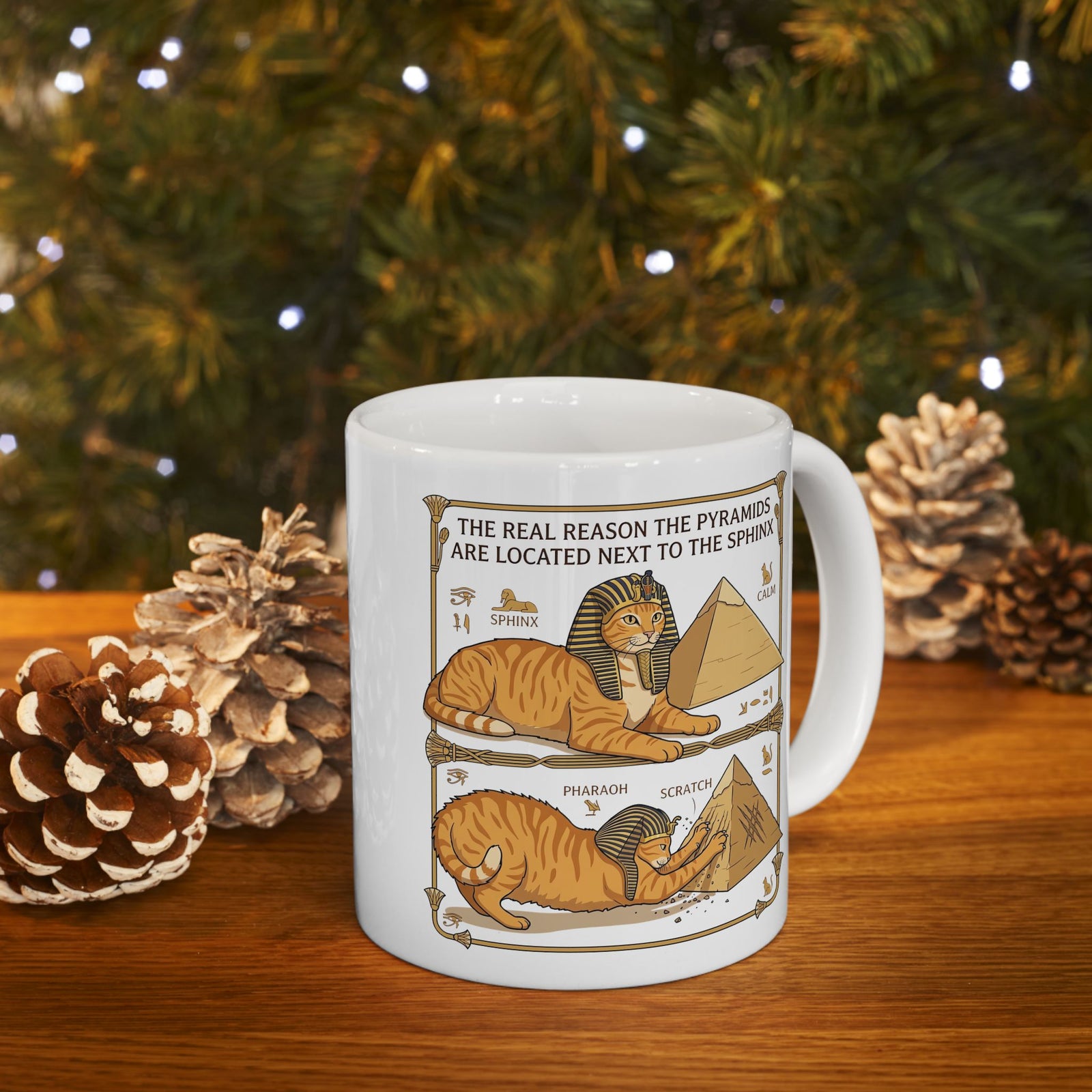 Funny Cat Pyramids Sphinx Ceramic Mug Ancient Egypt Scratching Design