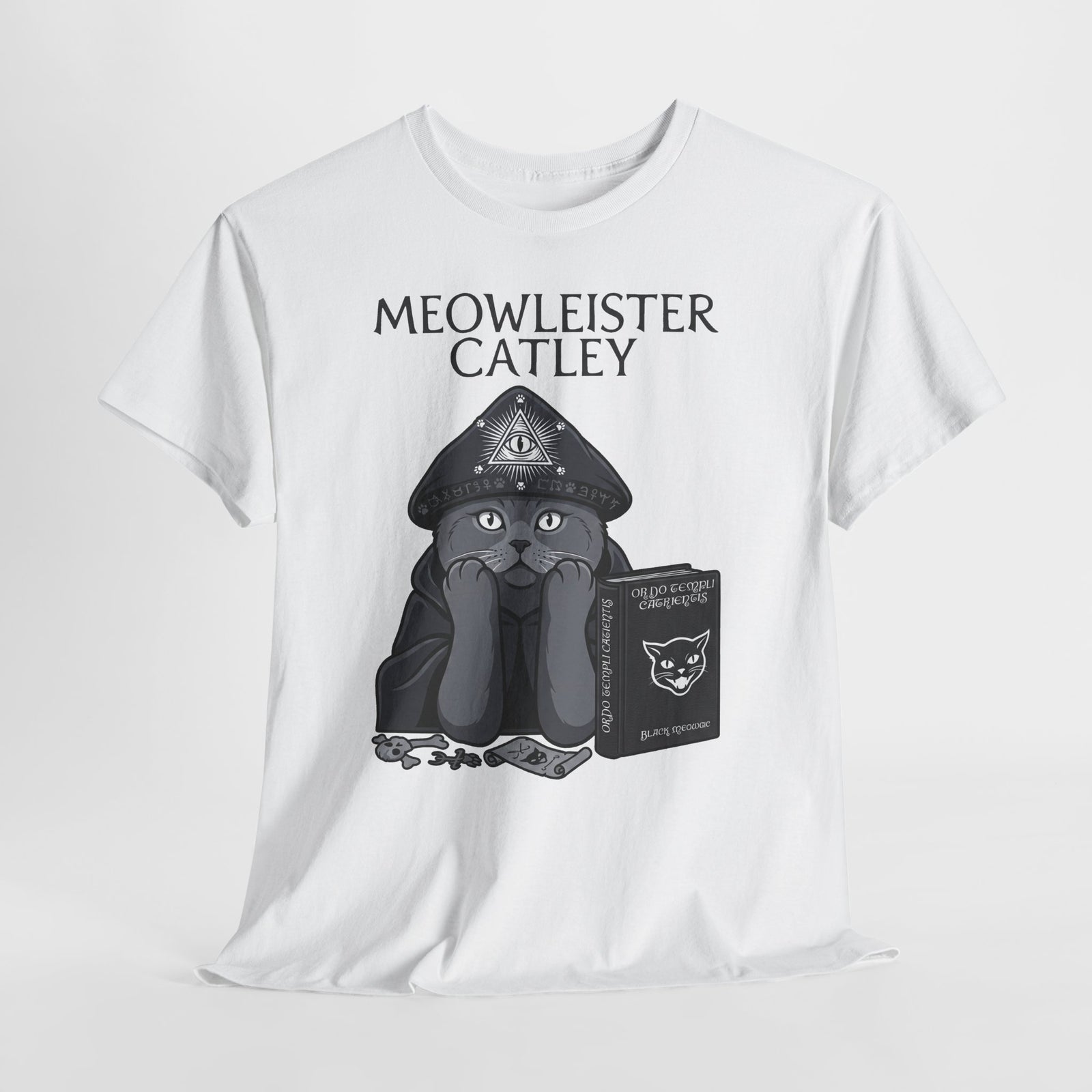 Meowleister Catley T-Shirt — Witchy Cat with Spellbook Graphic